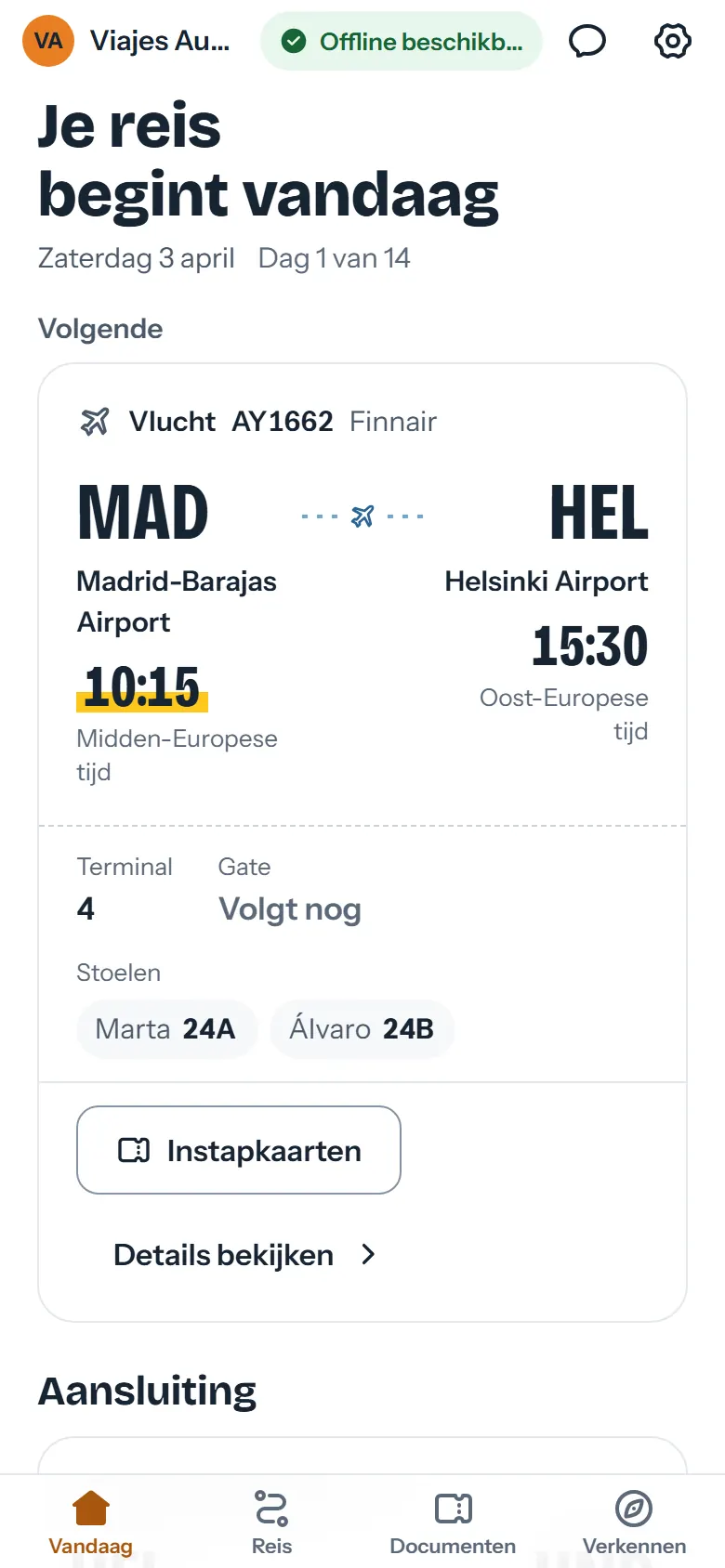 Vluchtkaart van Madrid naar Helsinki met lokale tijden, terminal, gate en stoelen
