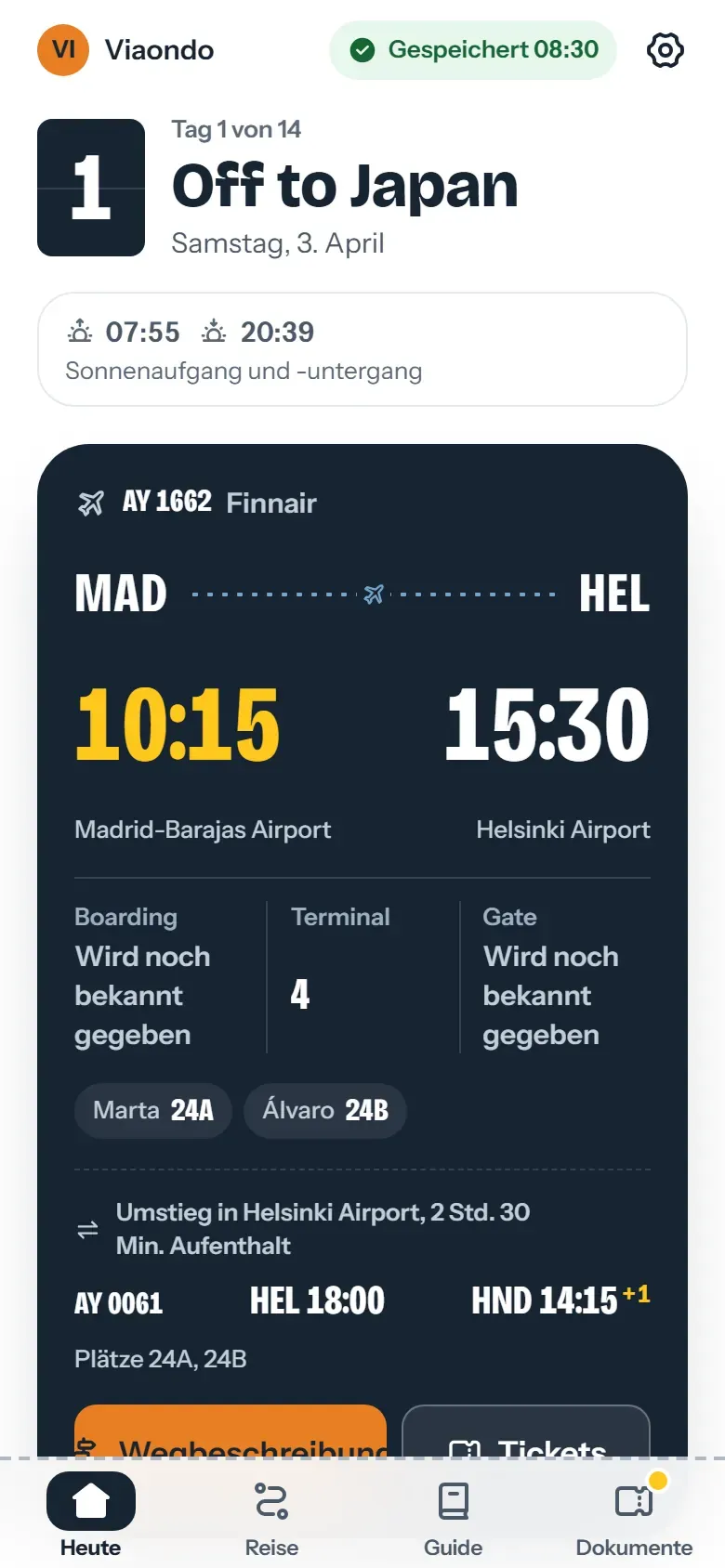 Flugkarte von Madrid nach Helsinki mit Abflug und Ankunft in der Ortszeit des jeweiligen Flughafens