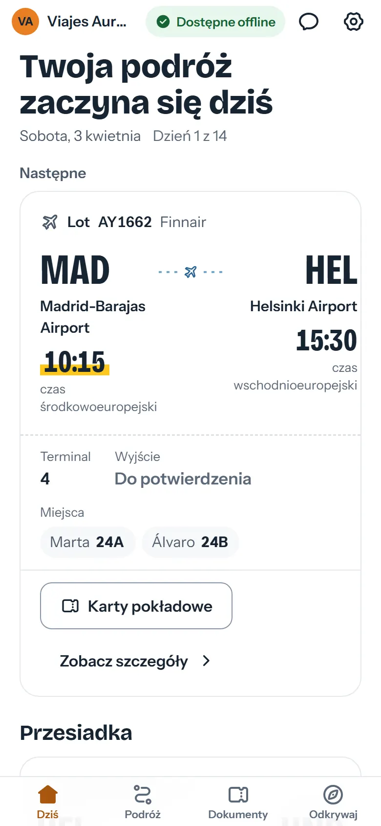 Karta lotu z Madrytu do Helsinek z czasem lokalnym, terminalem, bramką i miejscami