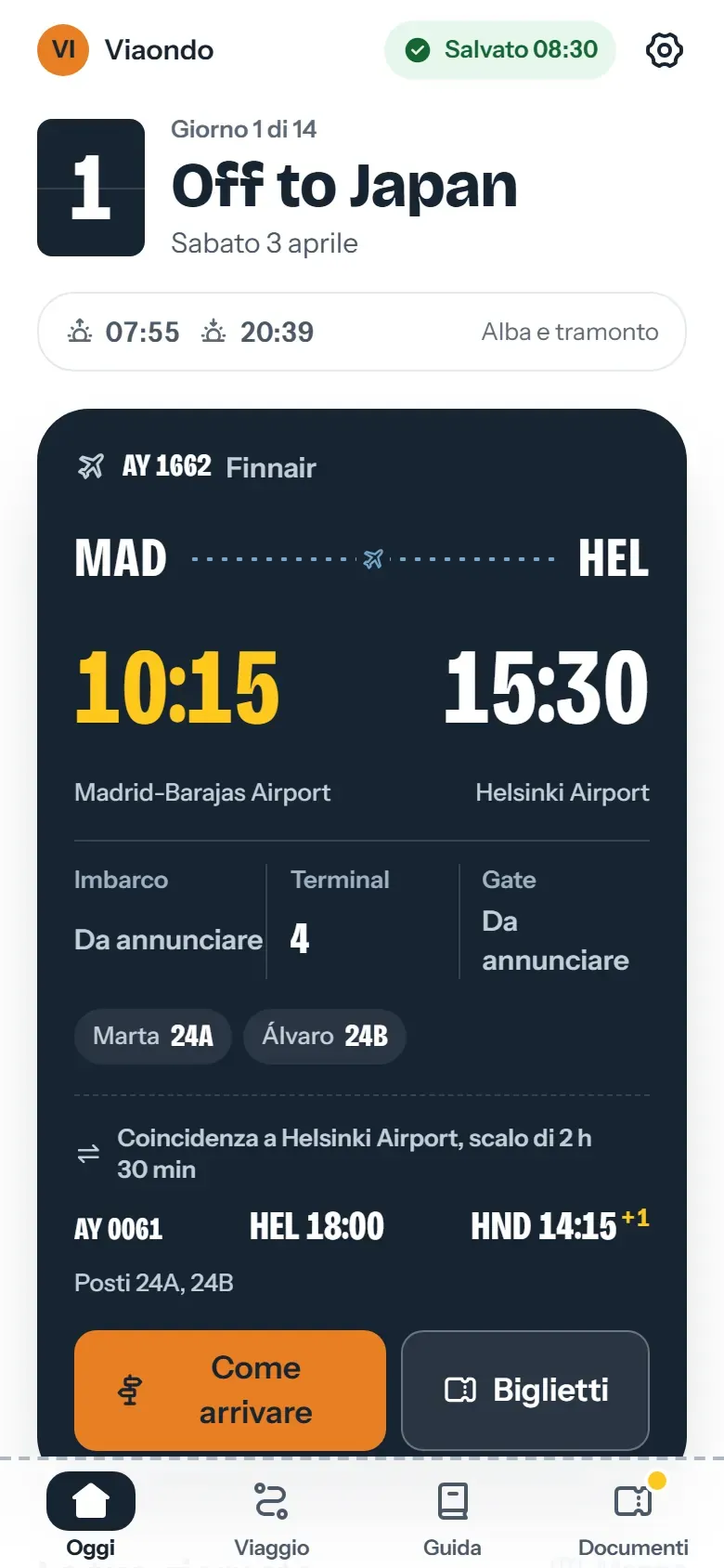 Scheda di un volo da Madrid a Helsinki con partenza e arrivo nell’ora locale di ciascun aeroporto