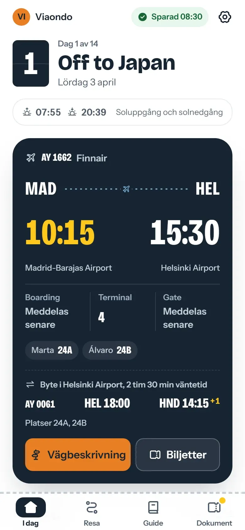 Ett flygkort i Viaondos resenärsapp: Madrid 10:15 till Helsingfors 15:30, sedan en anslutning från Helsingfors 18:00 som landar på Tokyo Haneda 14:15 +1