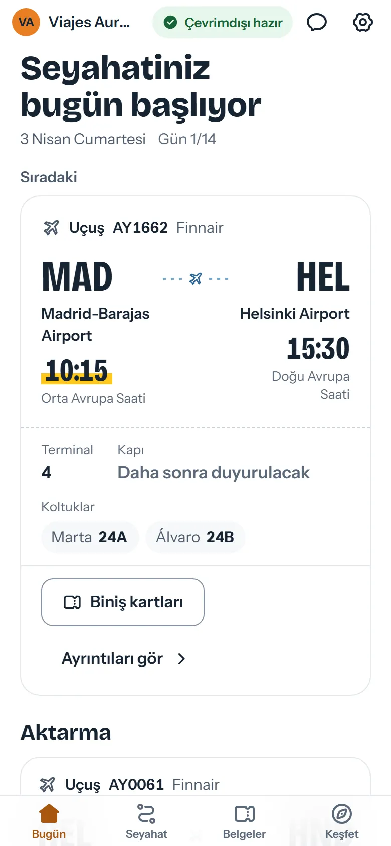 Madrid–Helsinki uçuş kartı; yerel saatler, terminal, kapı ve koltuklarla