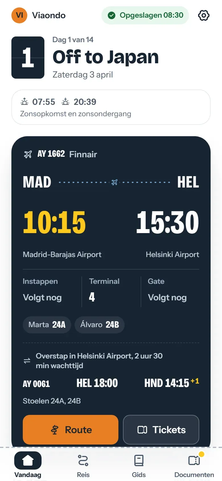 Een vluchtkaart in de reizigersapp van Viaondo: Madrid 10:15 naar Helsinki 15:30, daarna een aansluitende vlucht vanuit Helsinki om 18:00 die om 14:15 +1 landt op Tokio Haneda