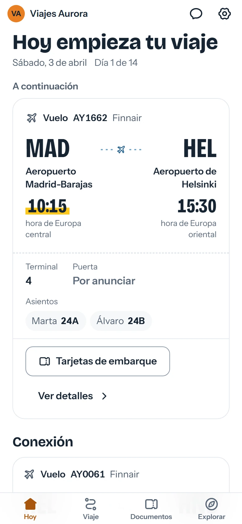 Tarjeta de un vuelo de Madrid a Helsinki con horas locales, terminal, puerta y asientos