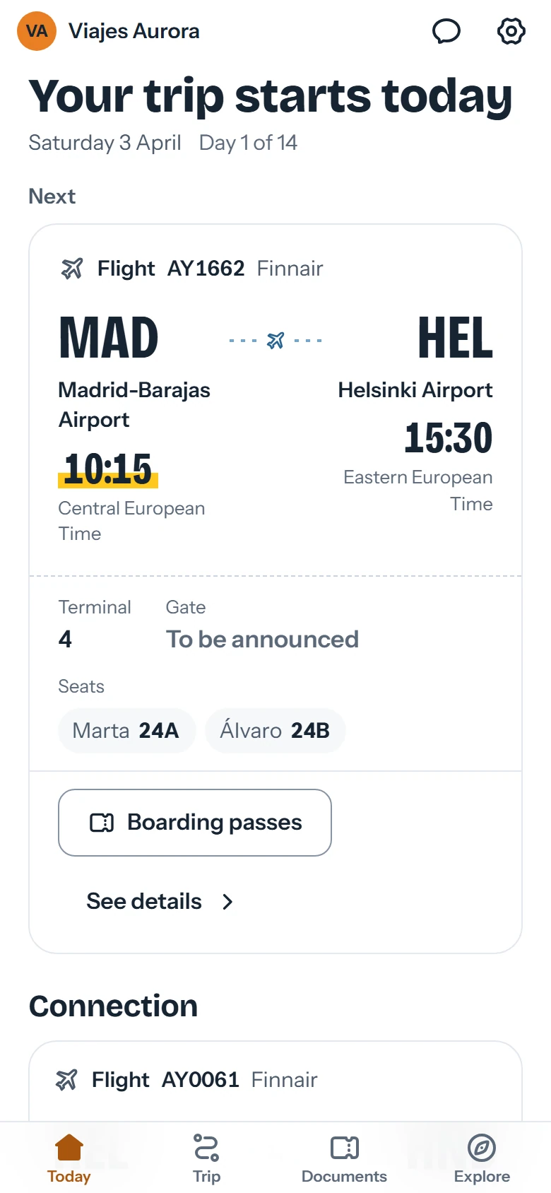 Flight card from Madrid to Helsinki with local times, terminal, gate and seats