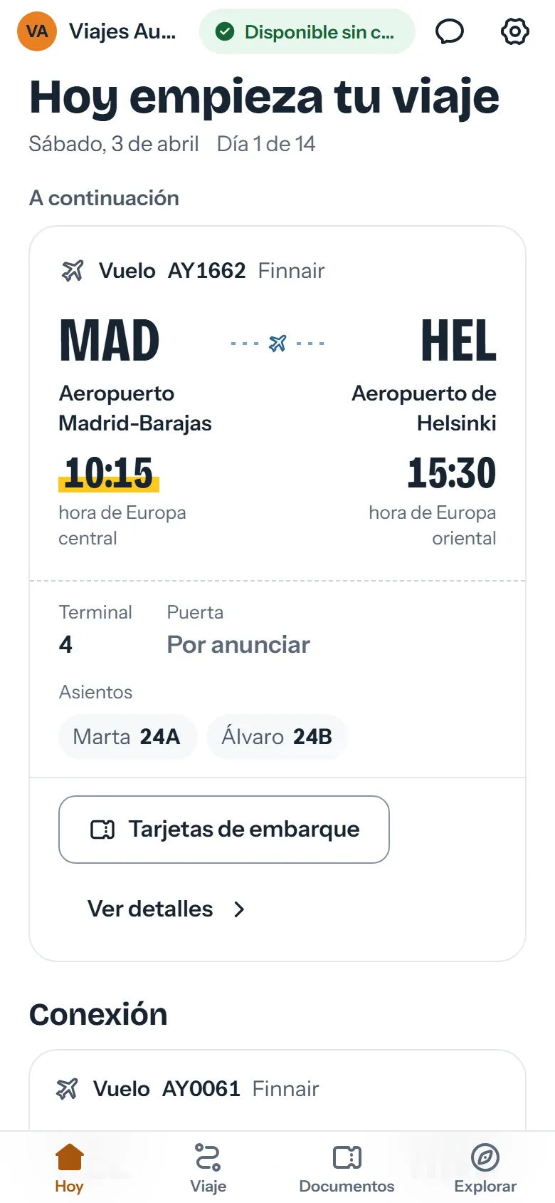 Tarjeta de un vuelo de Madrid a Helsinki con horas locales, terminal, puerta y asientos