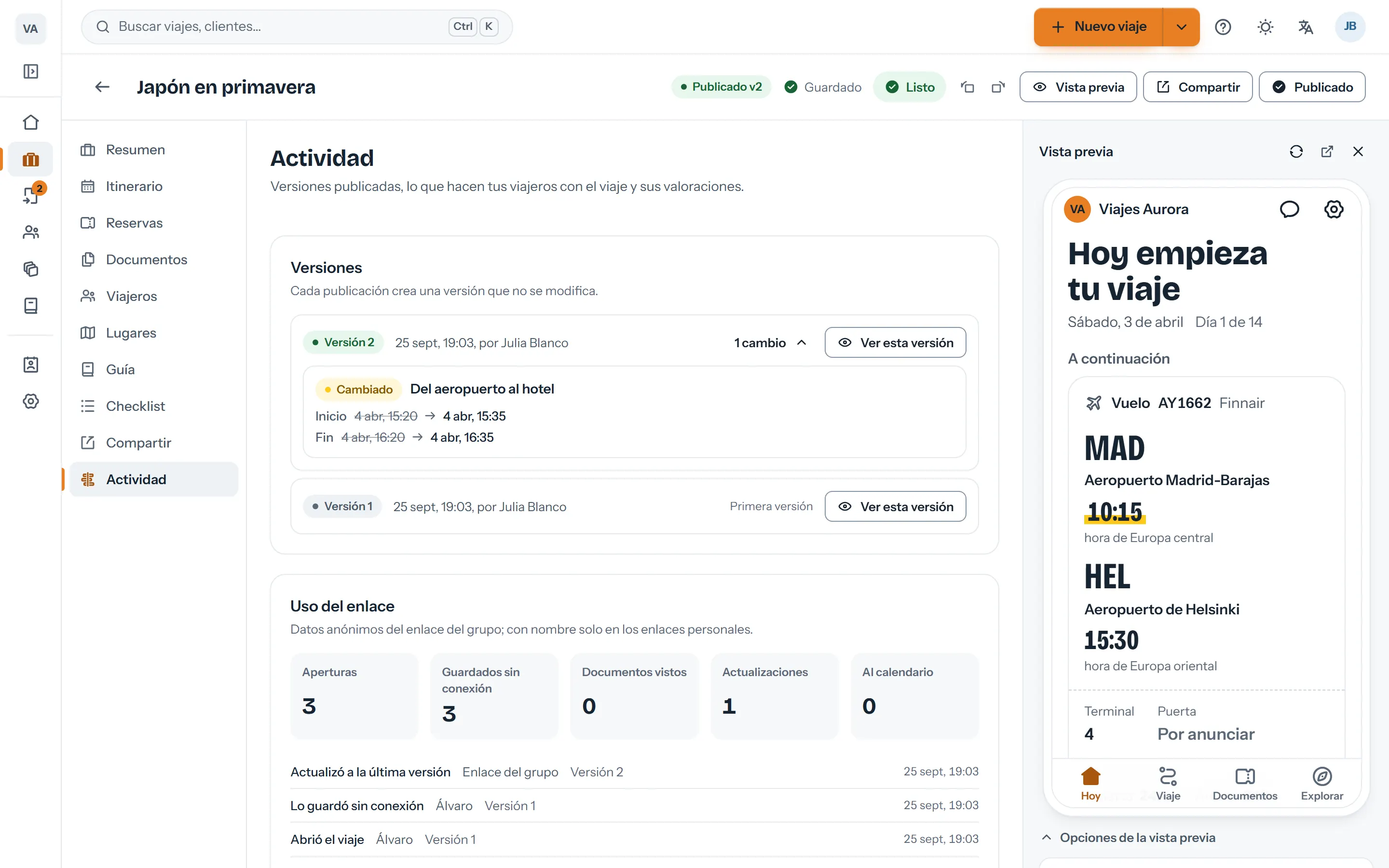 Actividad del viaje con las versiones publicadas, las aperturas y los documentos vistos