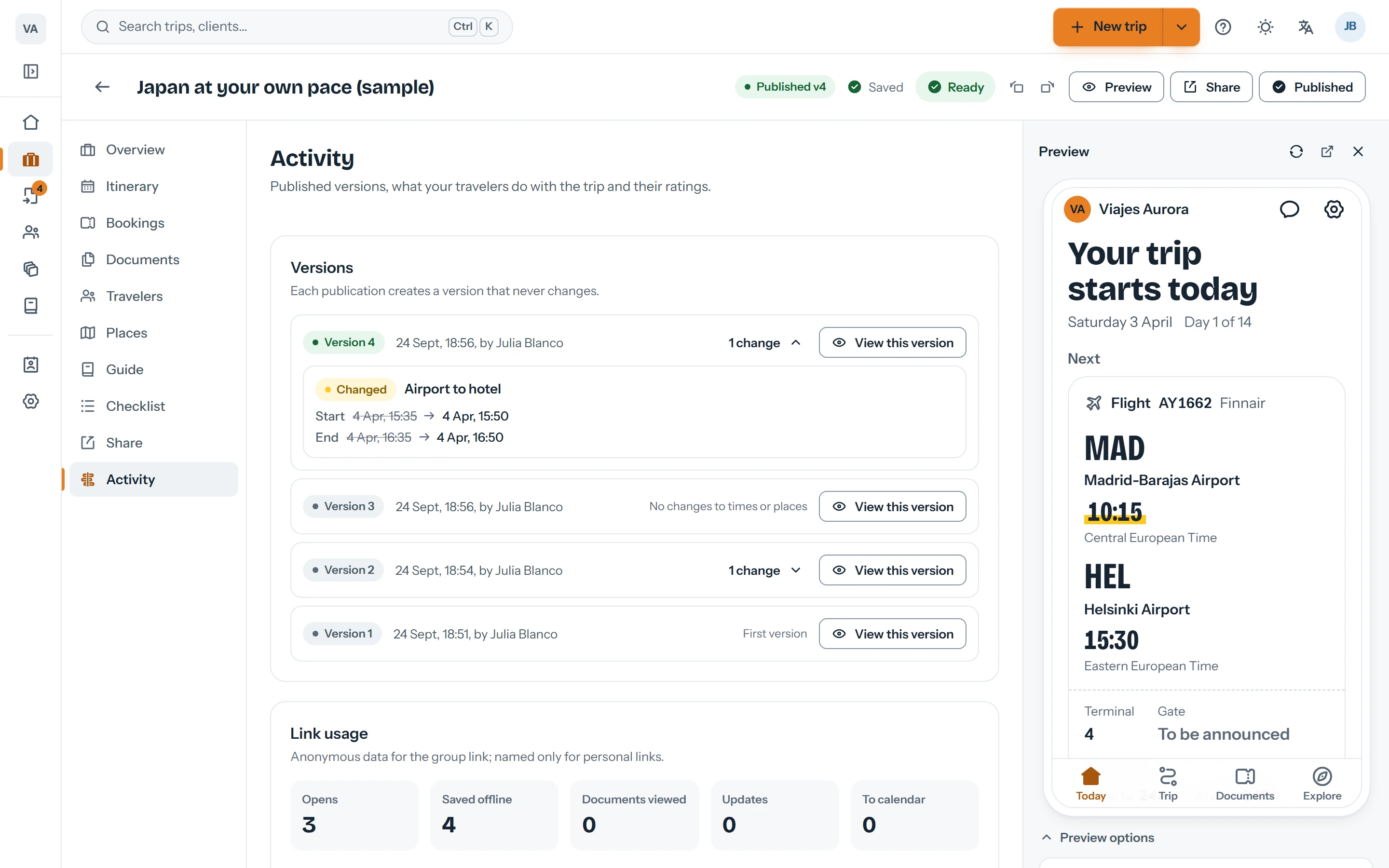 Trip activity with published versions, opens and viewed documents
