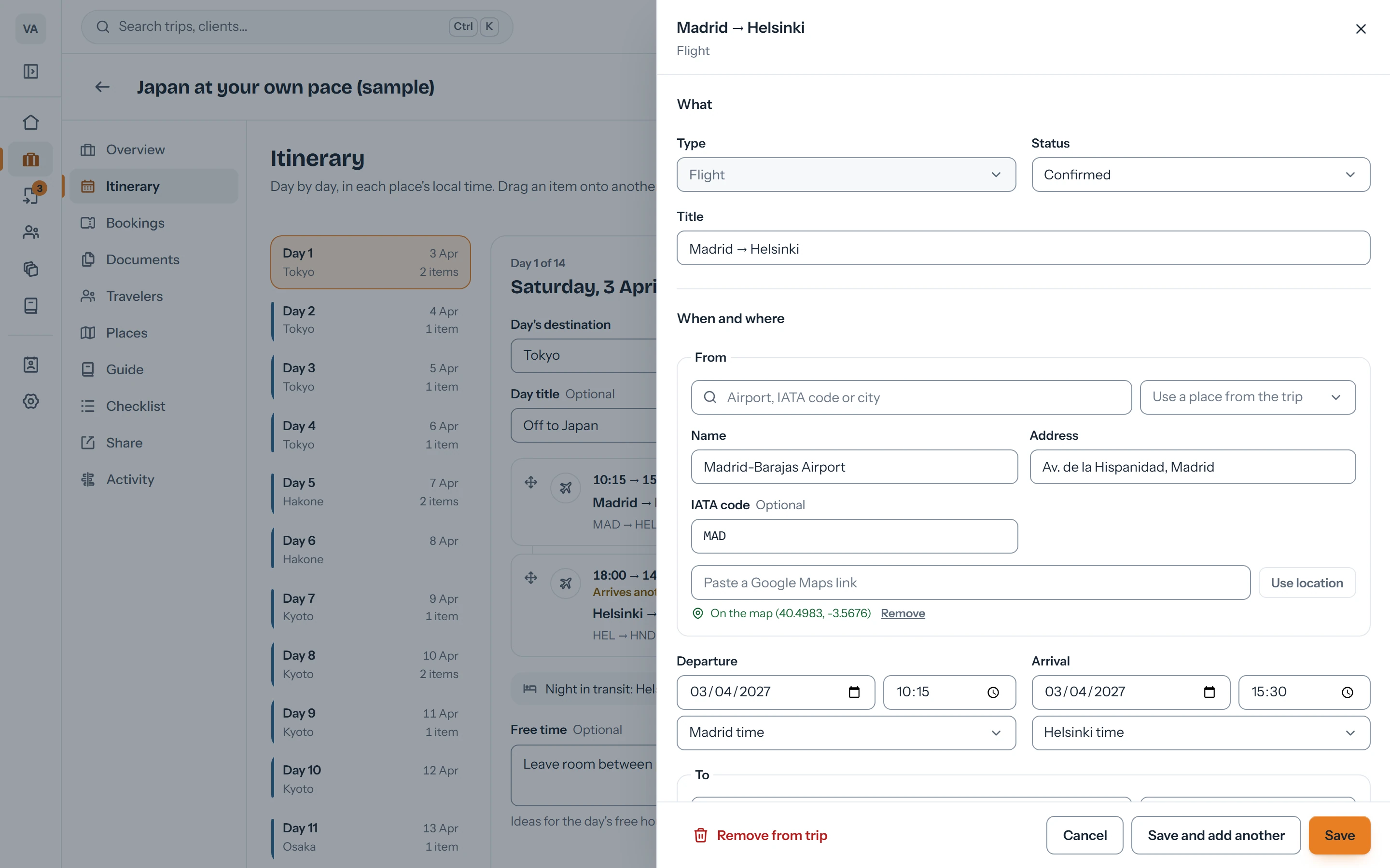 Flight form with airport search, local times and each traveler's seat