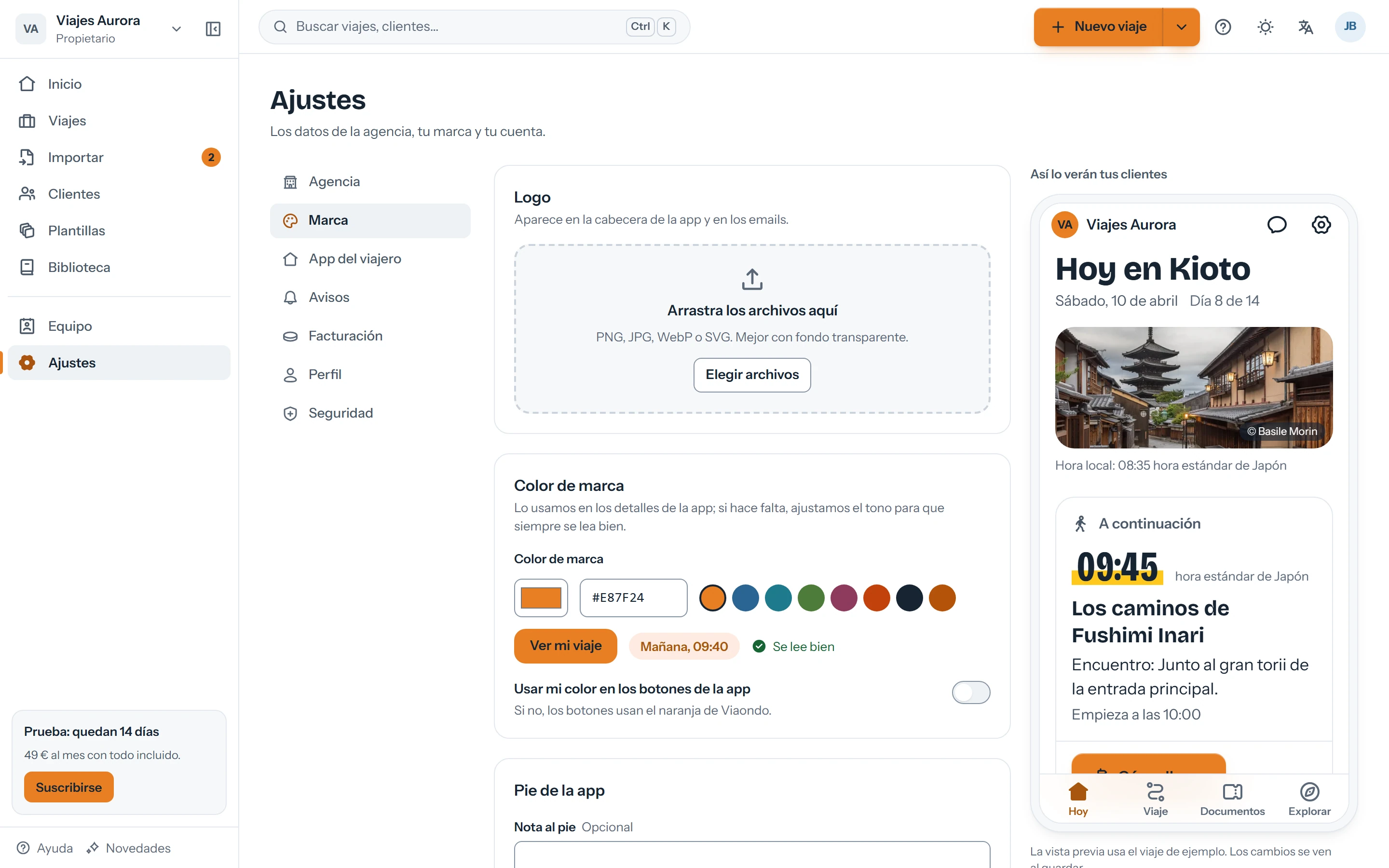 Ajustes de marca con el logo, el color de la agencia, el veredicto de contraste y la vista previa de la app