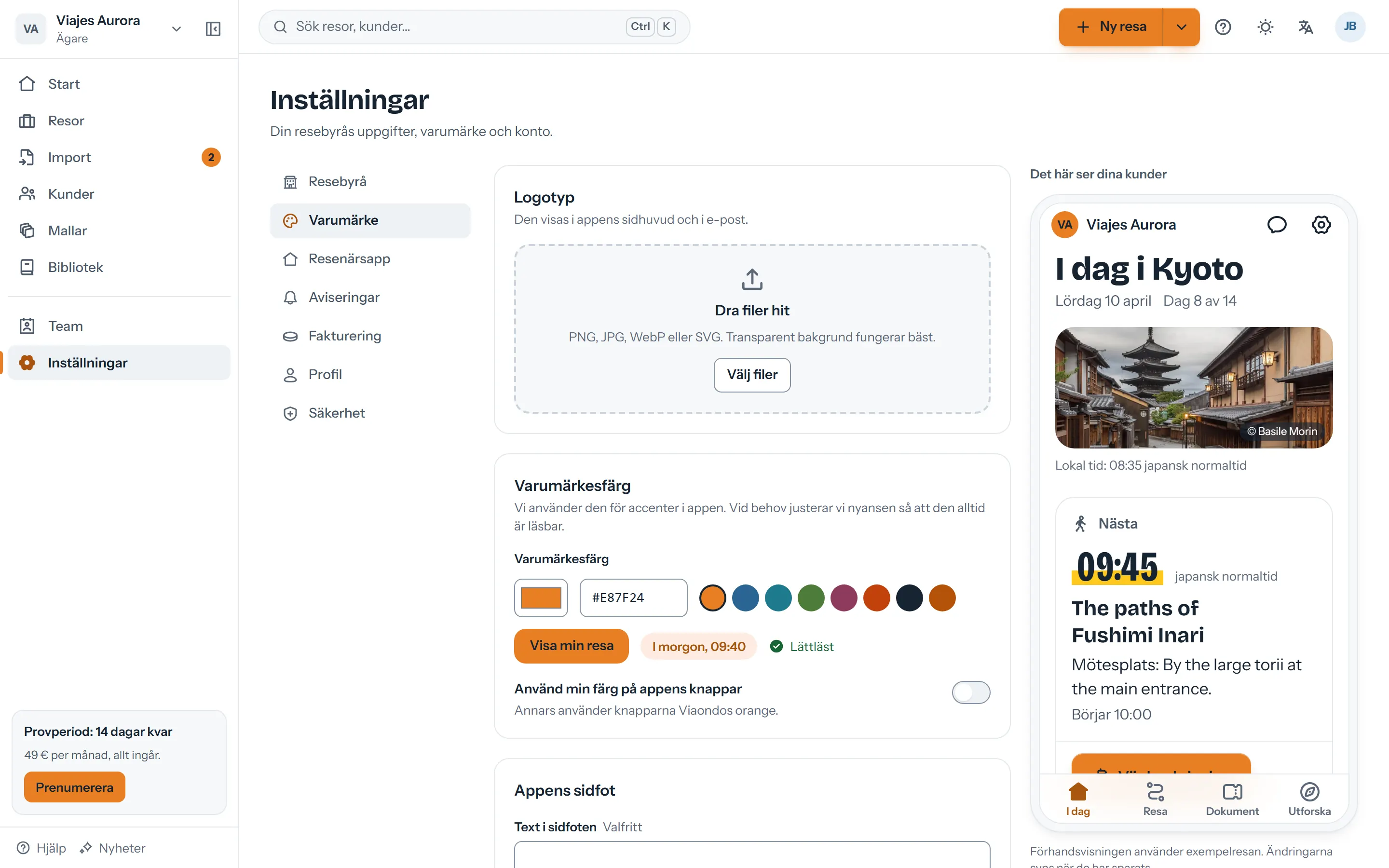 Varumärkesinställningar med logotypen, resebyråns färg och förhandsvisningen av appen