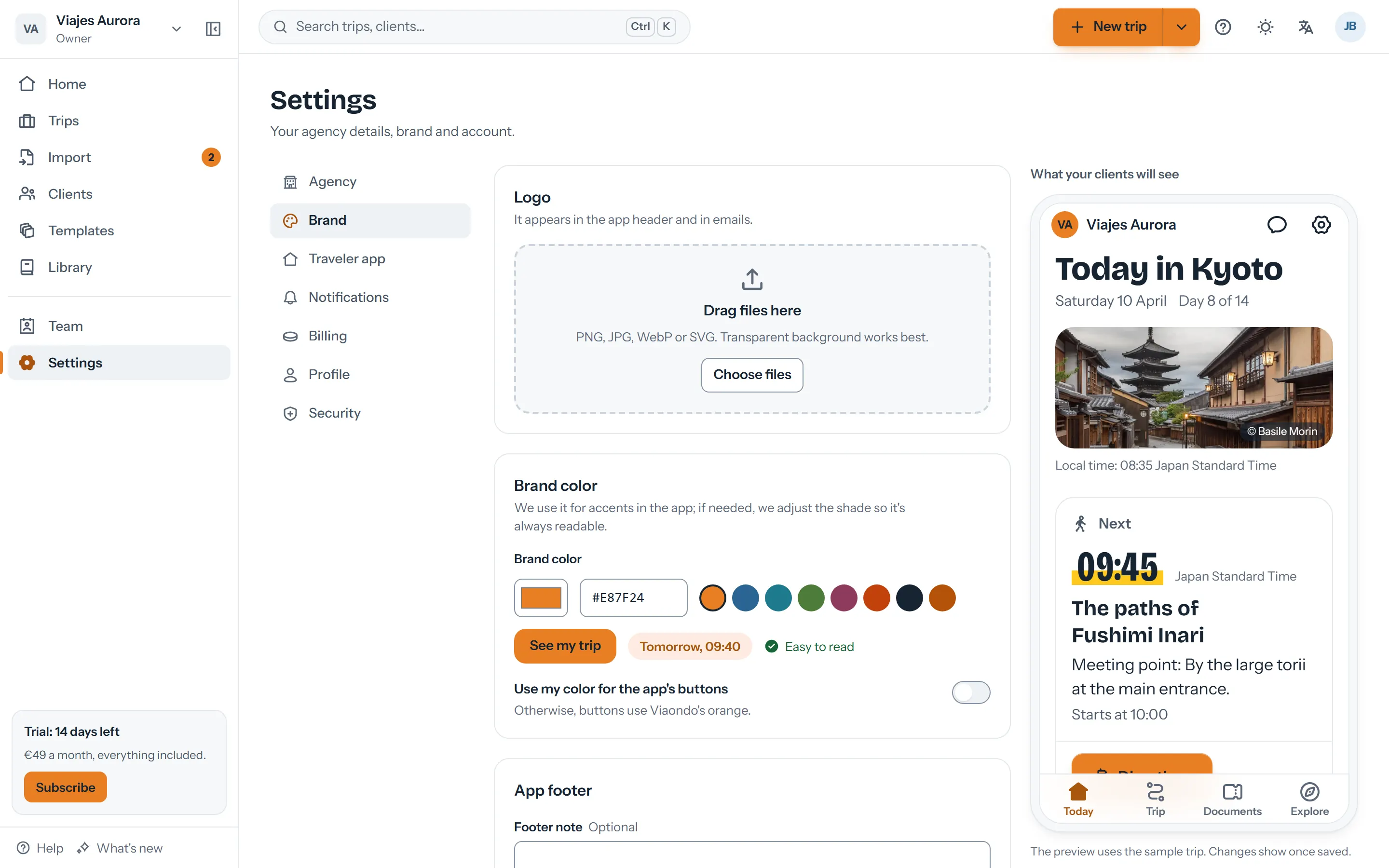 Brand settings with the logo, the agency color, the contrast verdict and the app preview