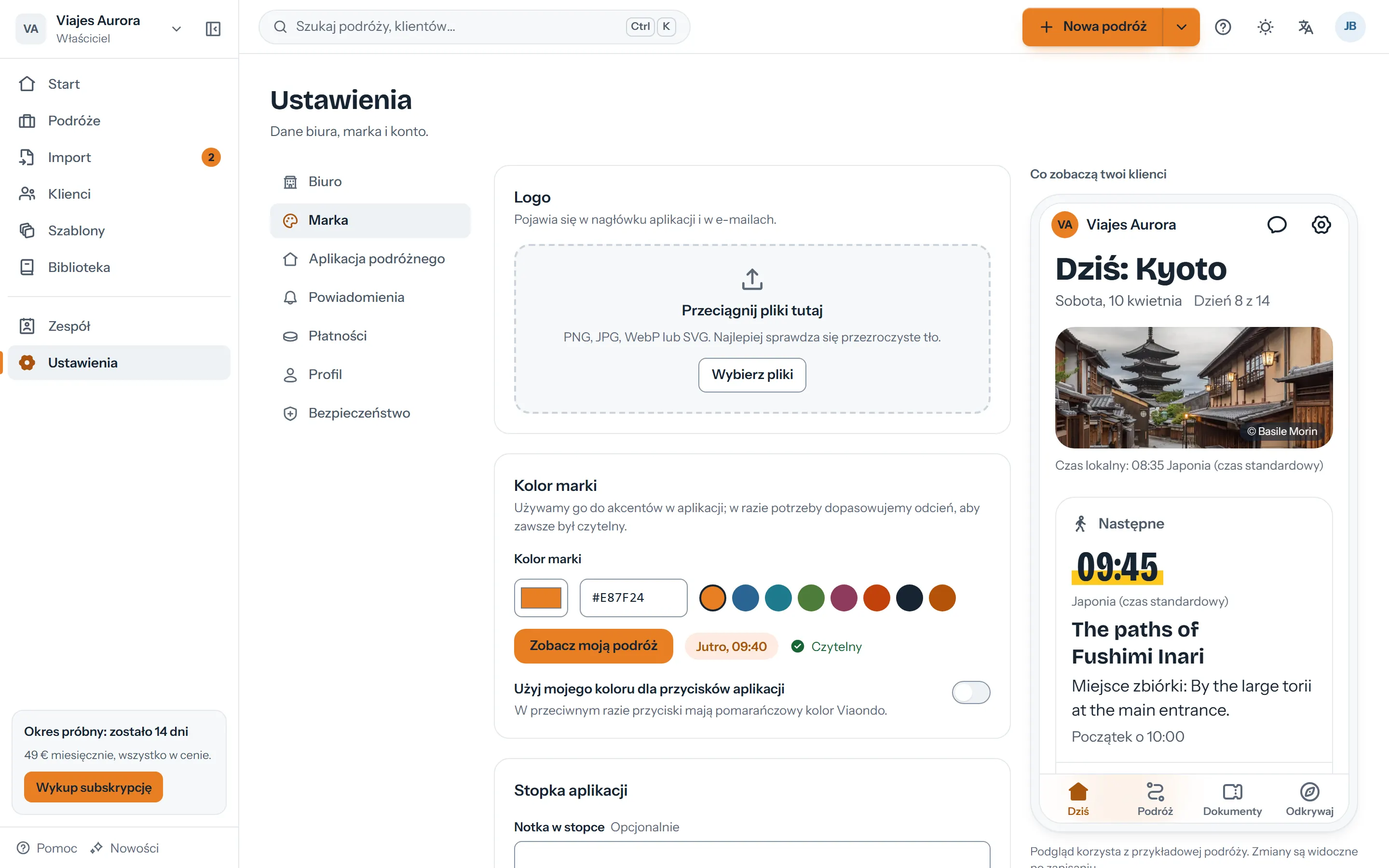 Ustawienia marki z logo, kolorem biura podróży i podglądem aplikacji