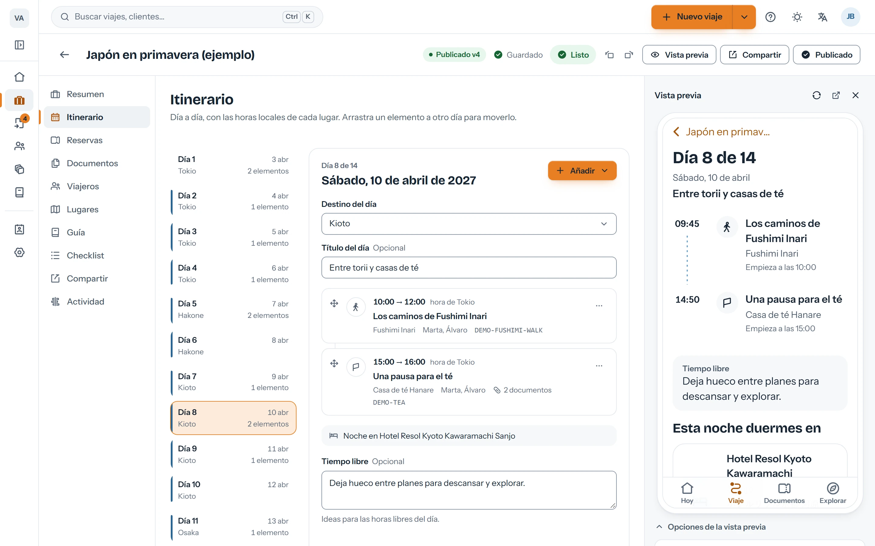 Editor de un viaje a Japón con la lista de días, los planes del día 8 y la vista previa de la app