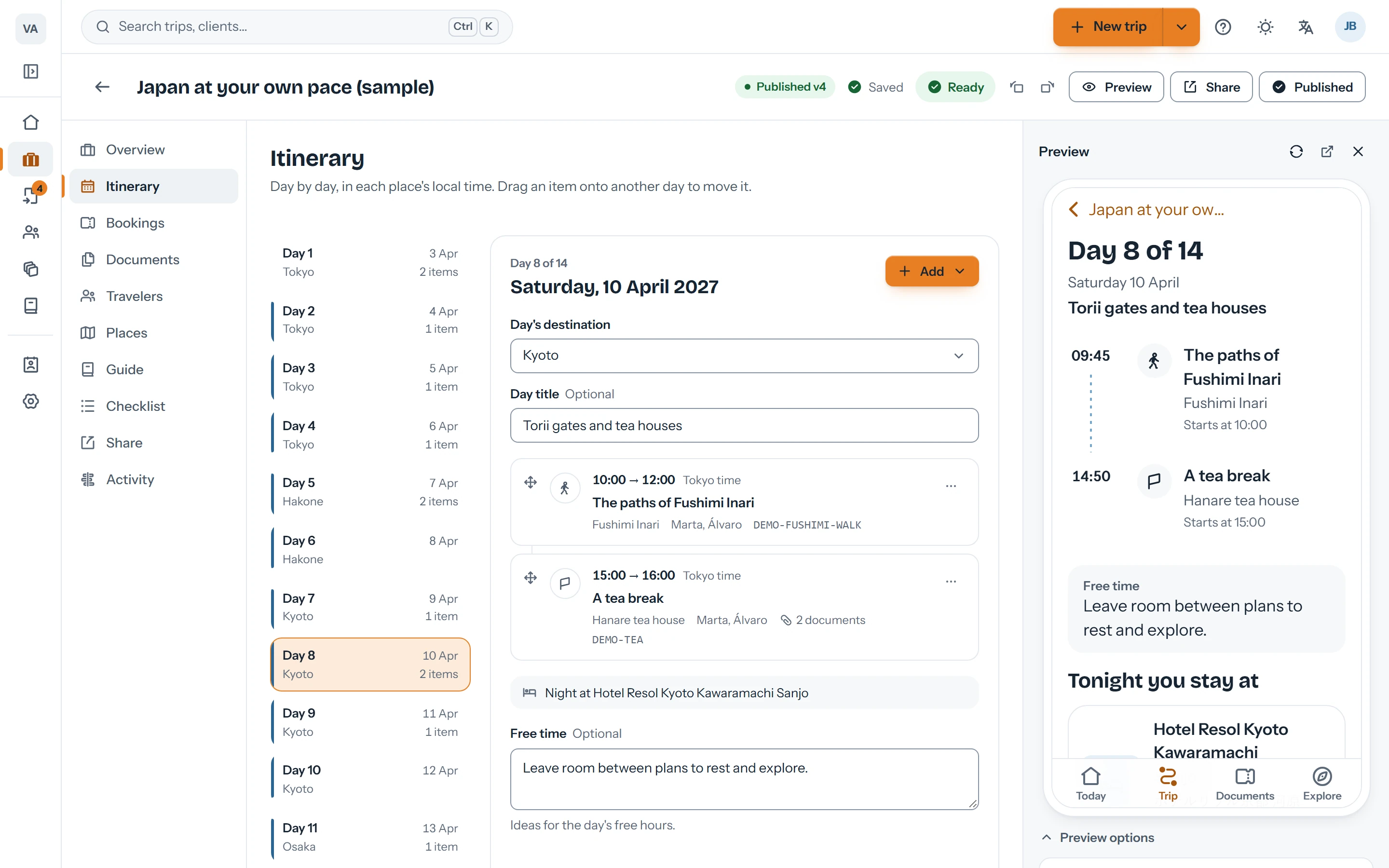 Trip editor with the day 8 itinerary and, on the right, the traveler app preview