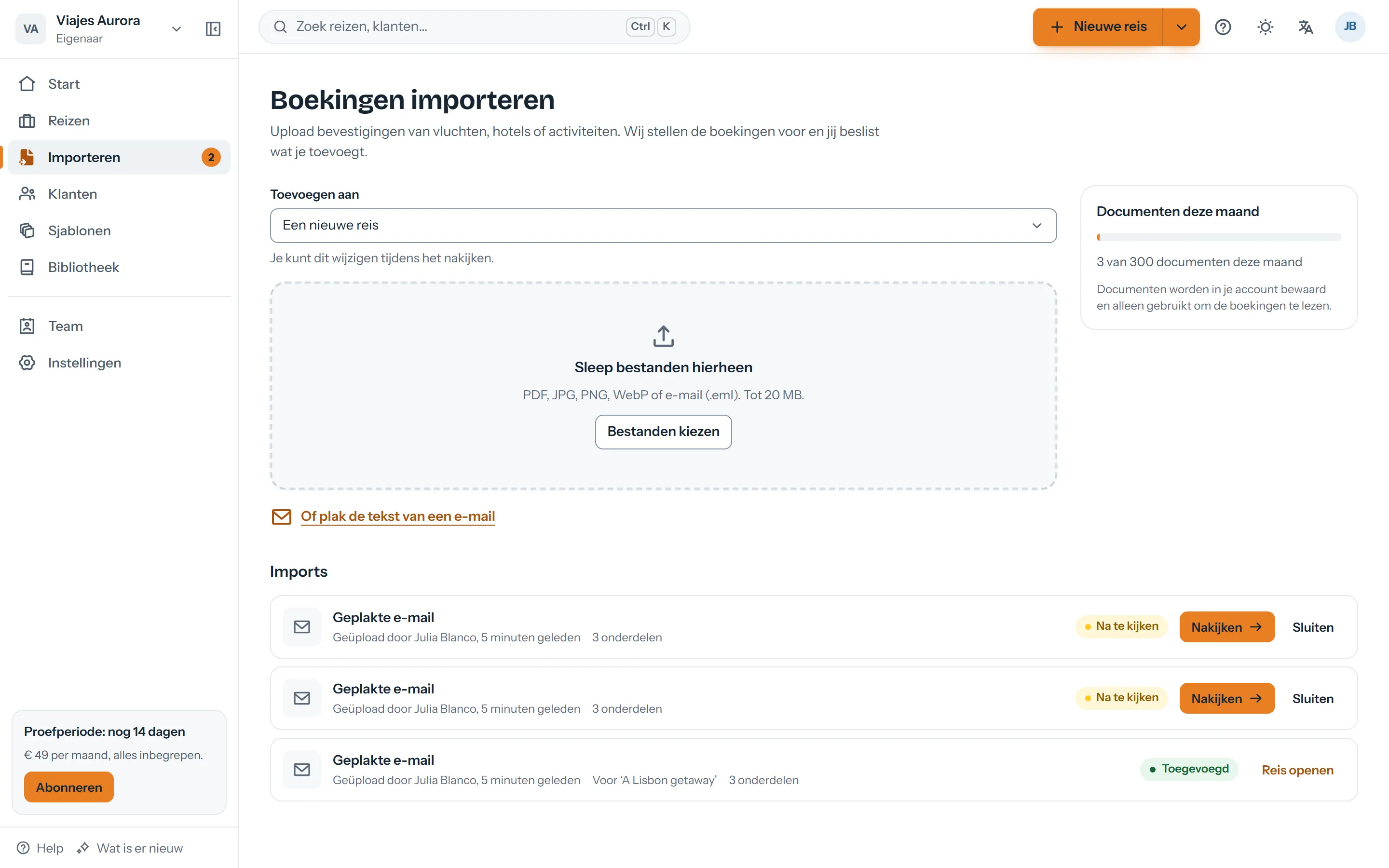 Importinbox met gelezen documenten die op controle wachten
