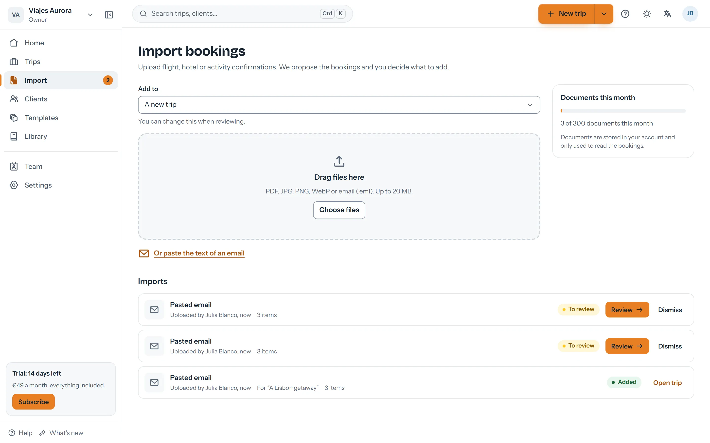 Imports inbox with documents read and waiting for review