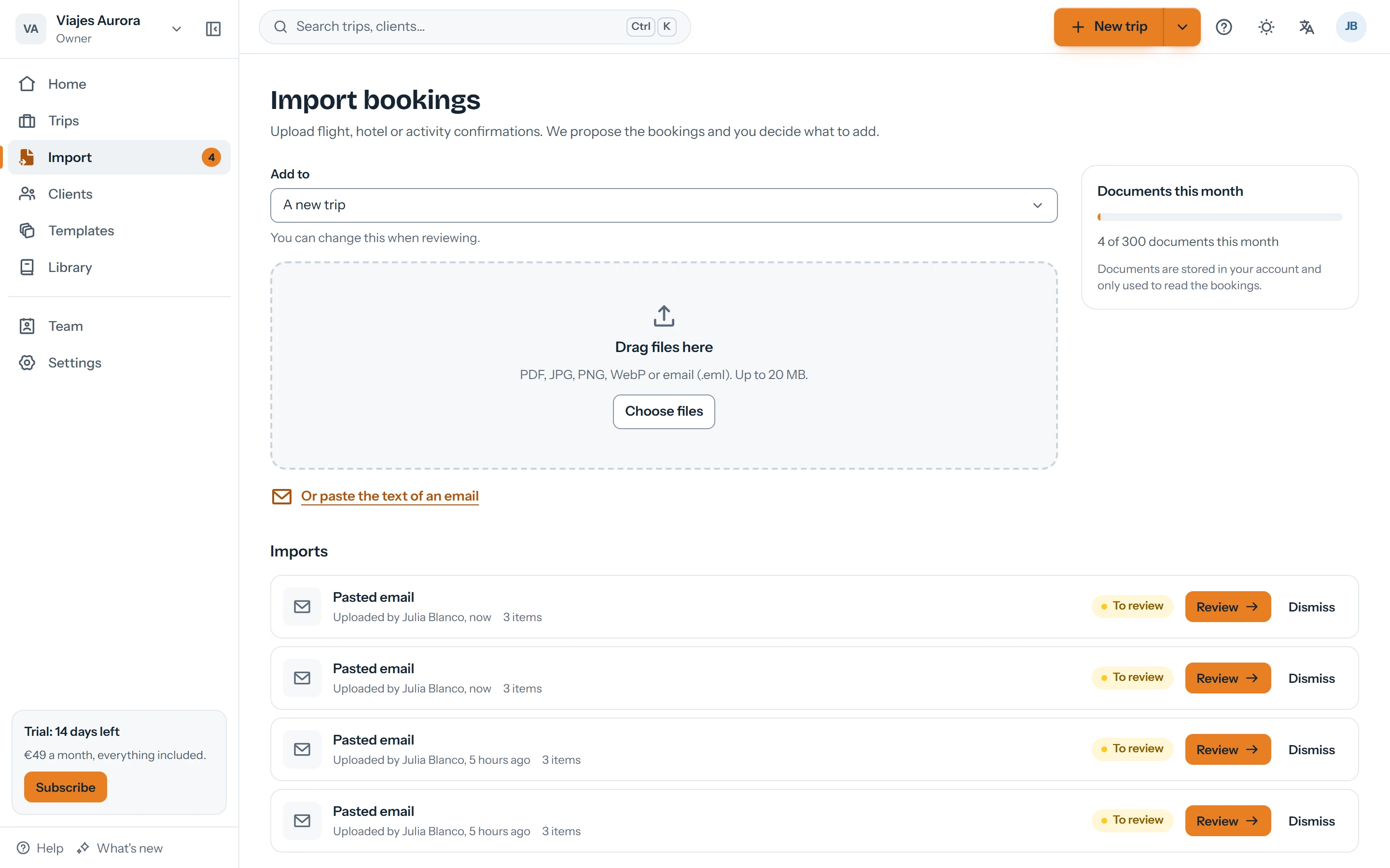 Imports inbox with documents read and waiting for review