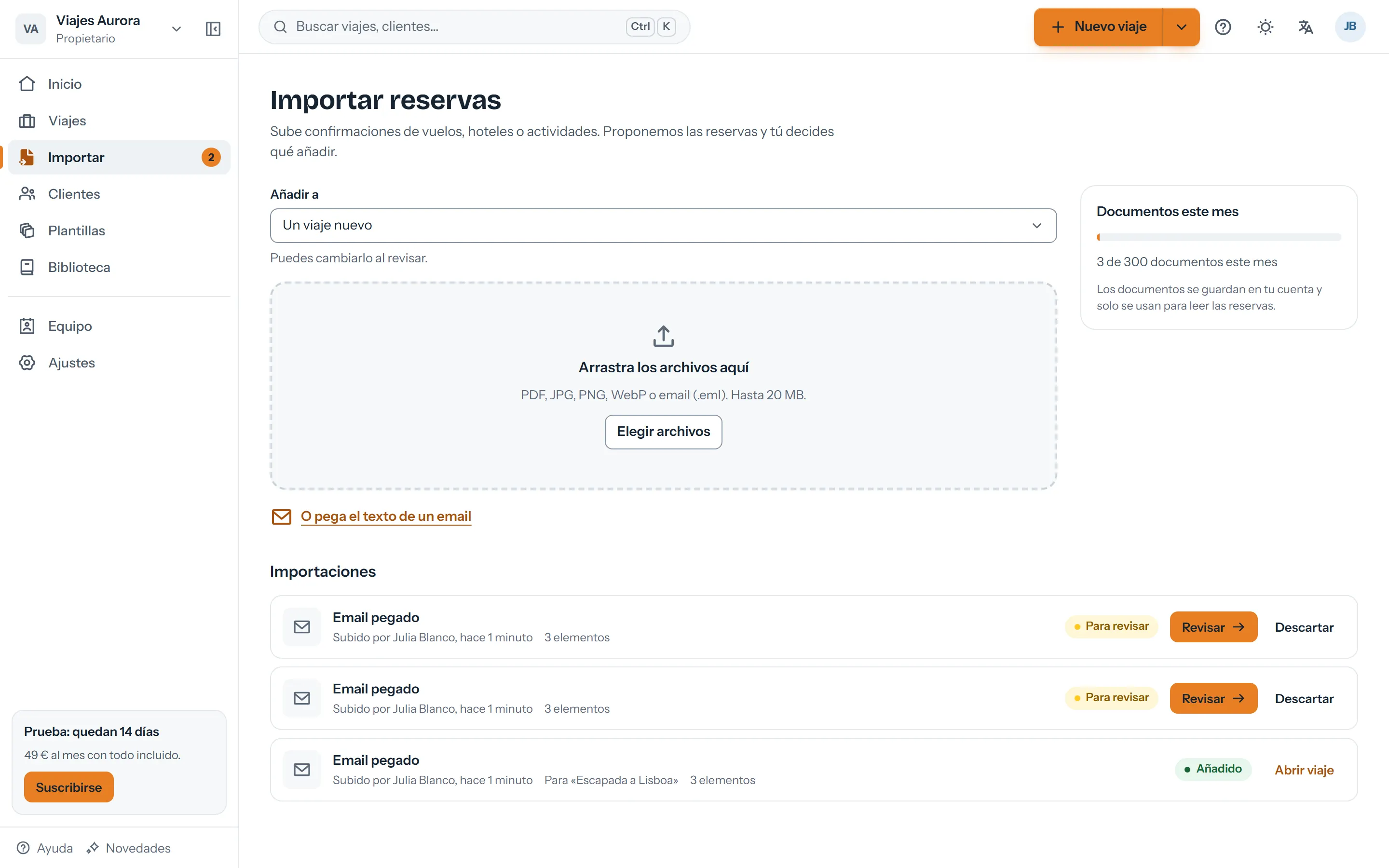 Bandeja de importaciones con documentos leídos y pendientes de revisión