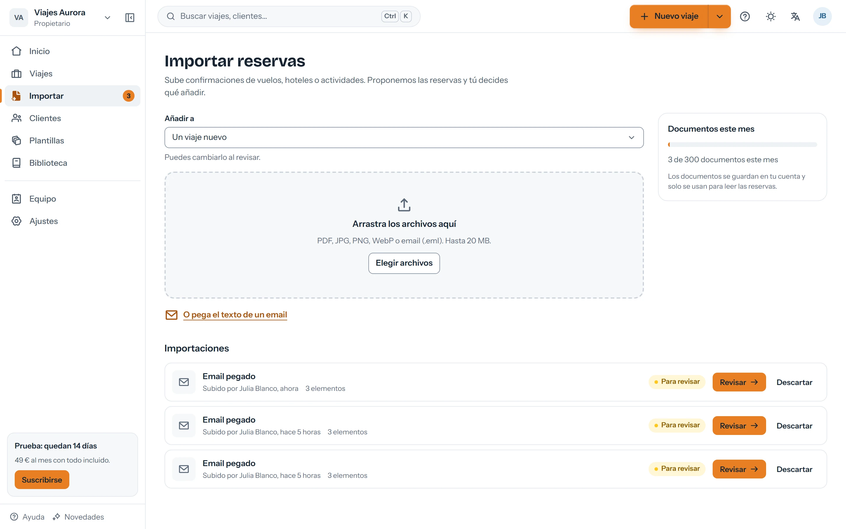 Bandeja de importaciones con documentos leídos y pendientes de revisión