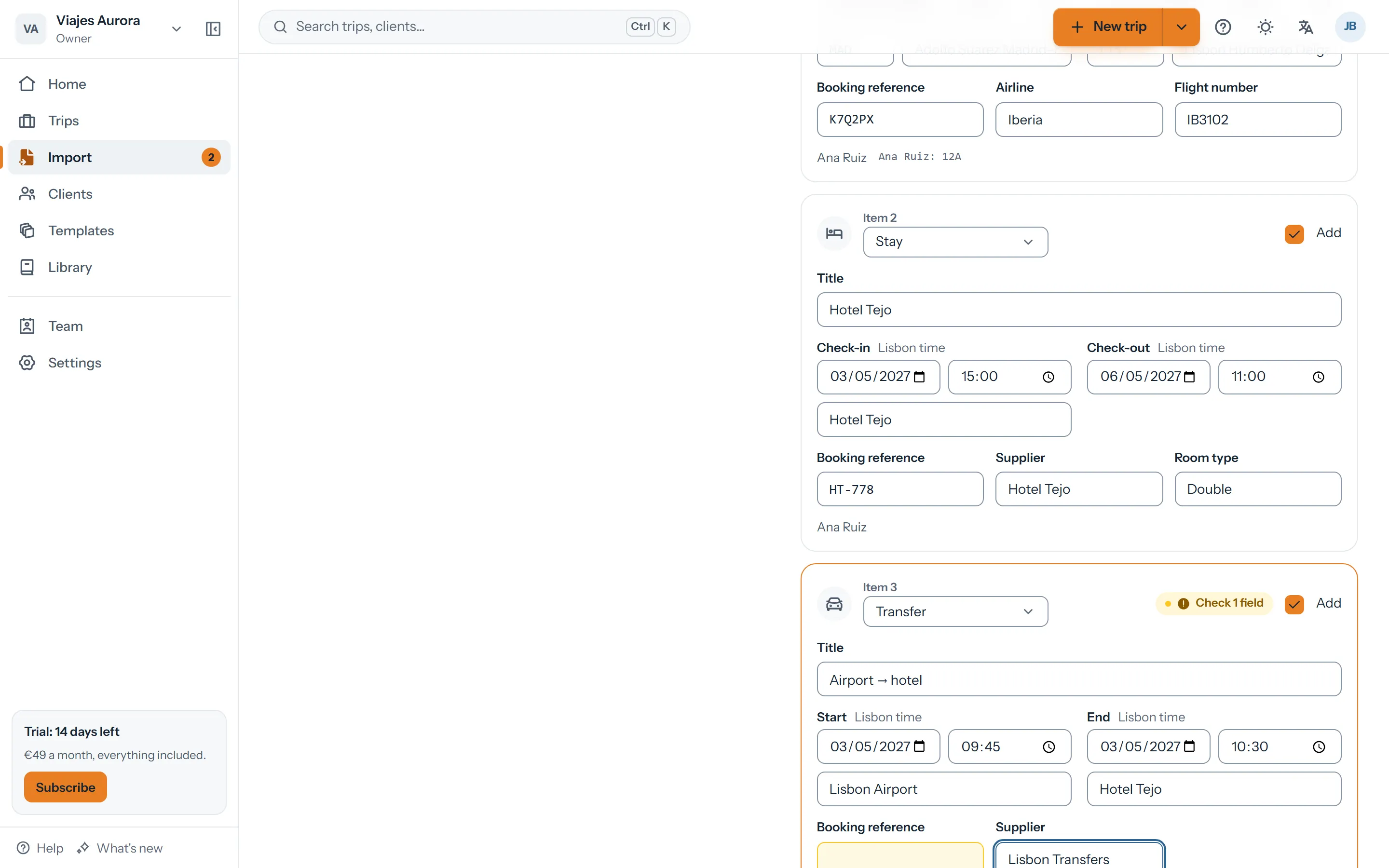 Import review: a flight and a hotel suggested from an email, with editable fields