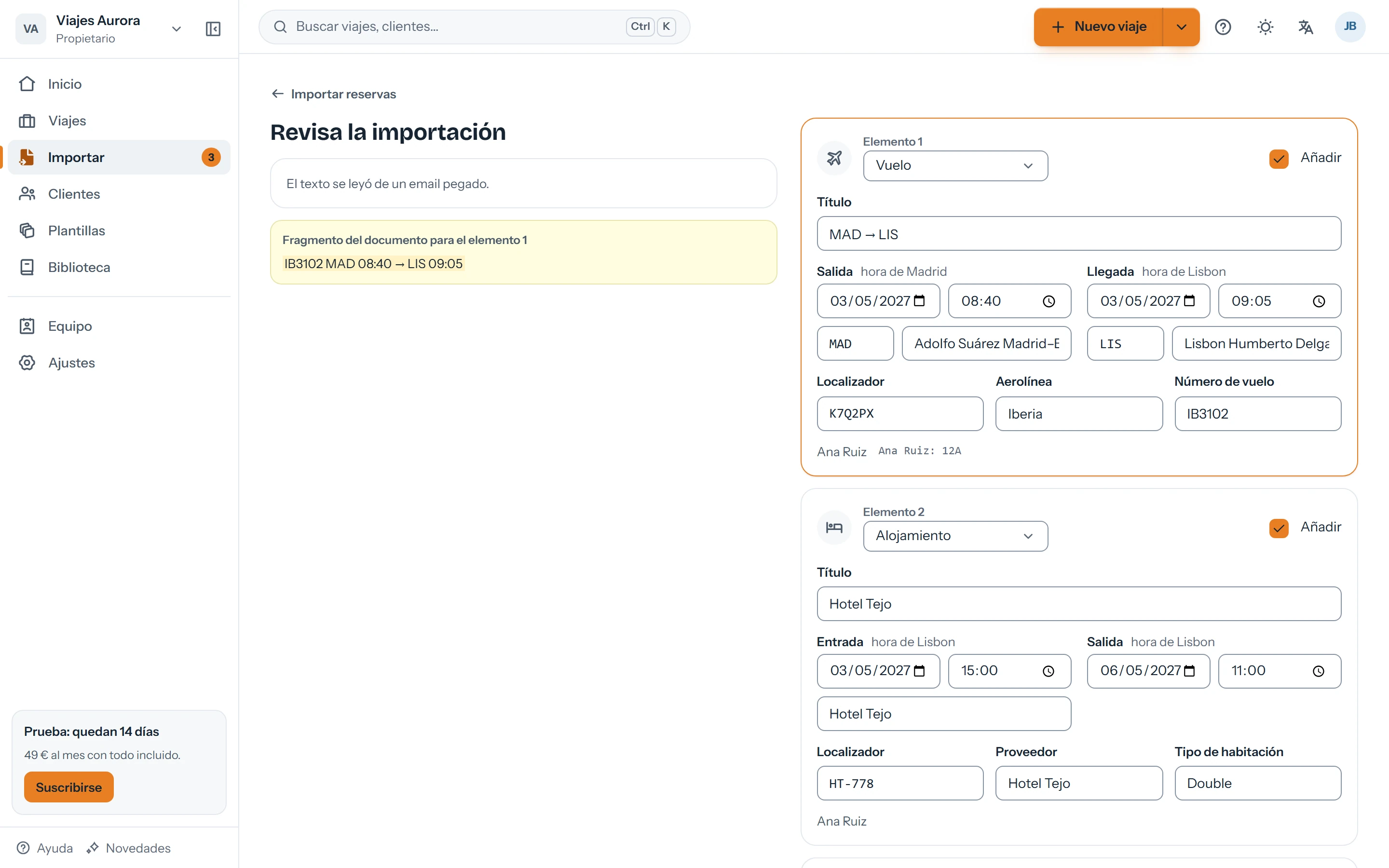 Revisión de una importación: un vuelo y un hotel propuestos a partir de un email, con los campos editables