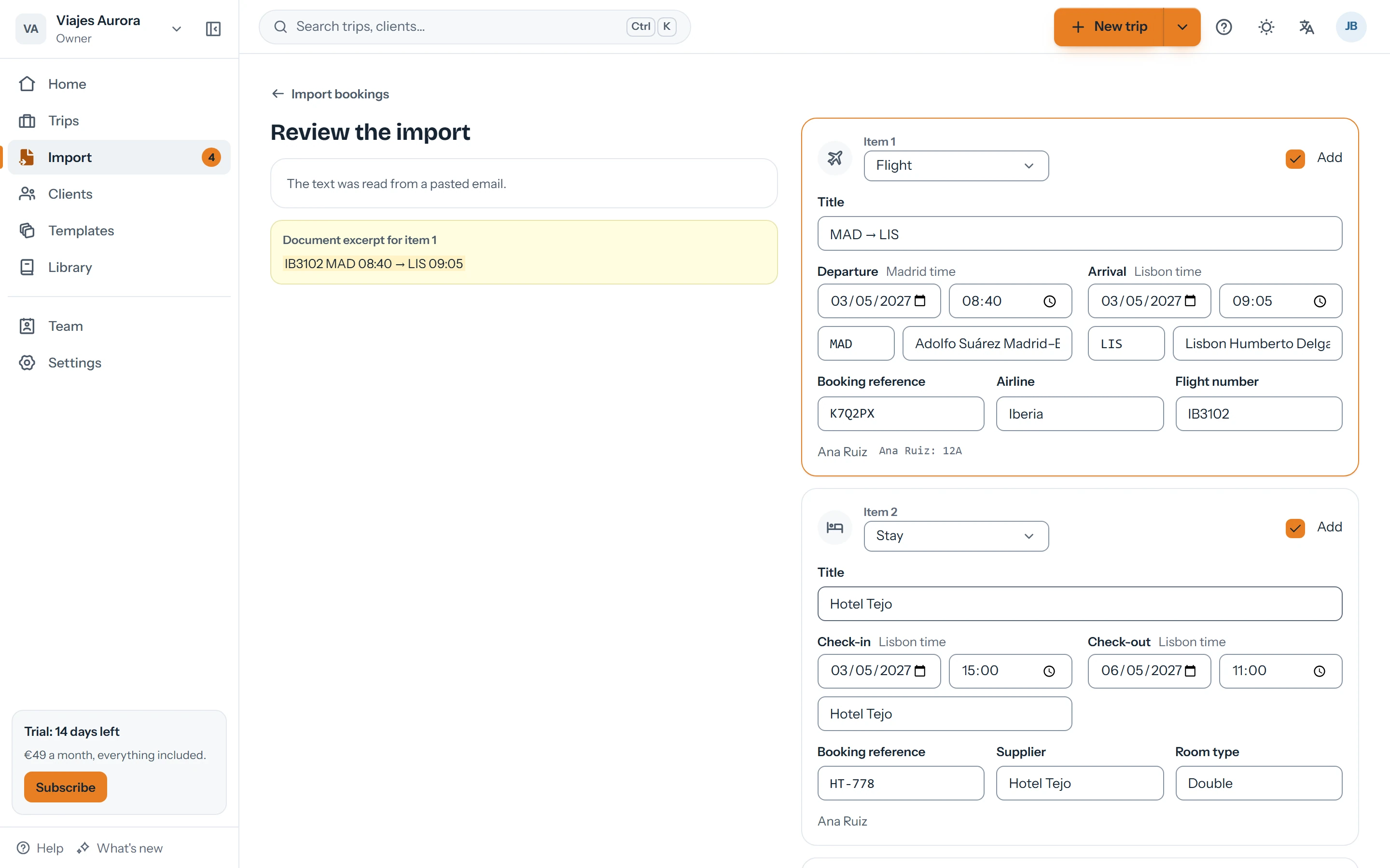 Import review: a flight and a hotel suggested from a confirmation email, with their local times