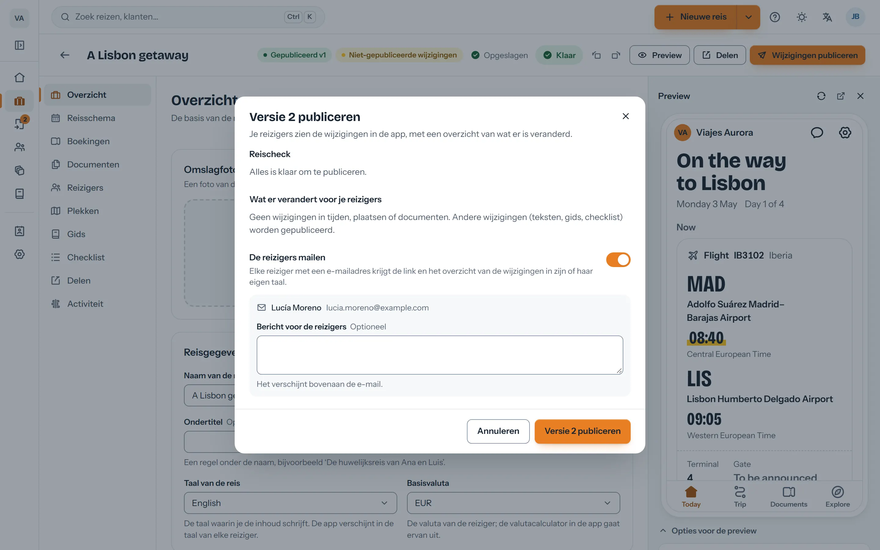 Publicatievenster met de controle van de reis en het overzicht van de wijzigingen