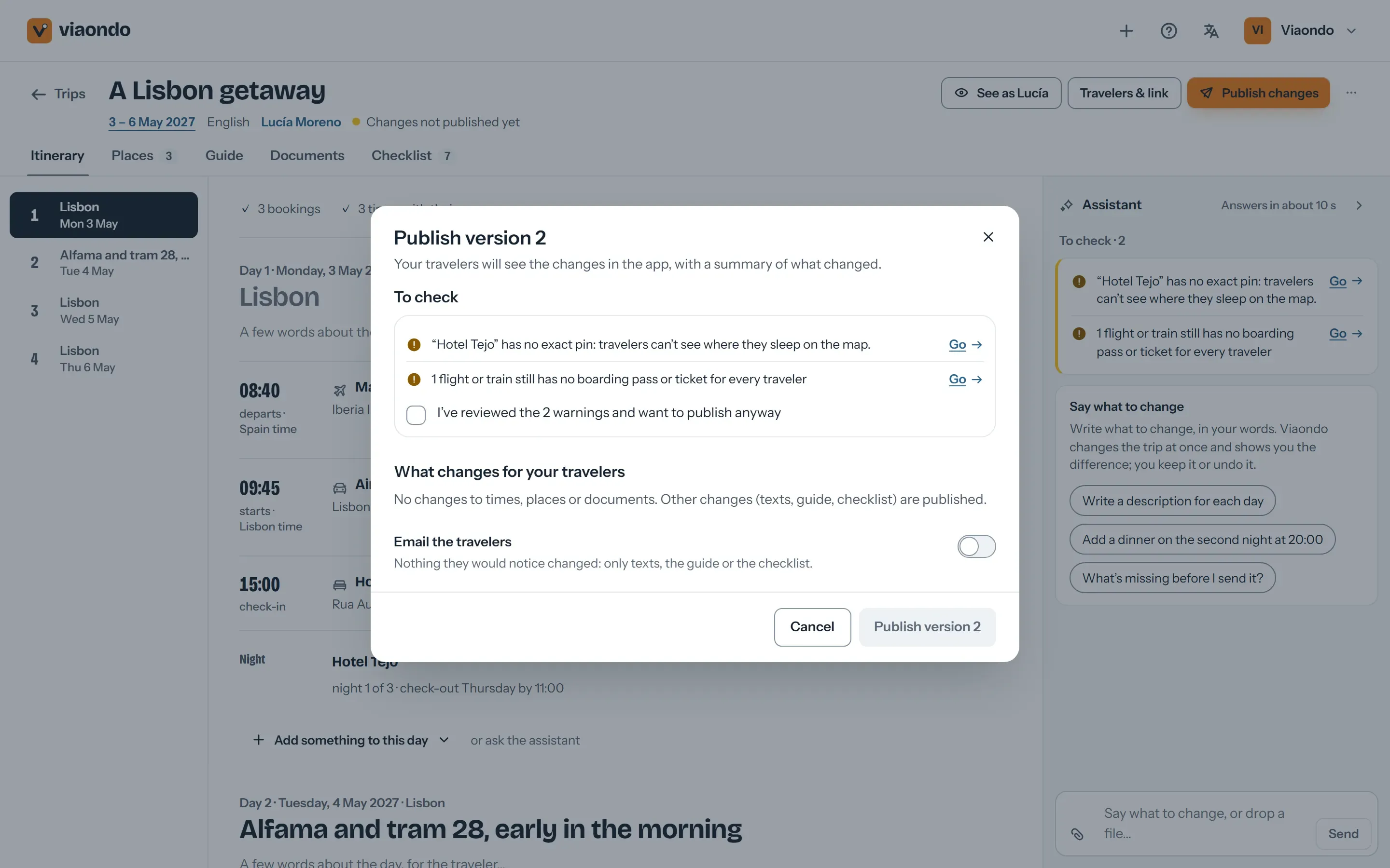 Publish dialog with the trip check and the summary of changes for travelers