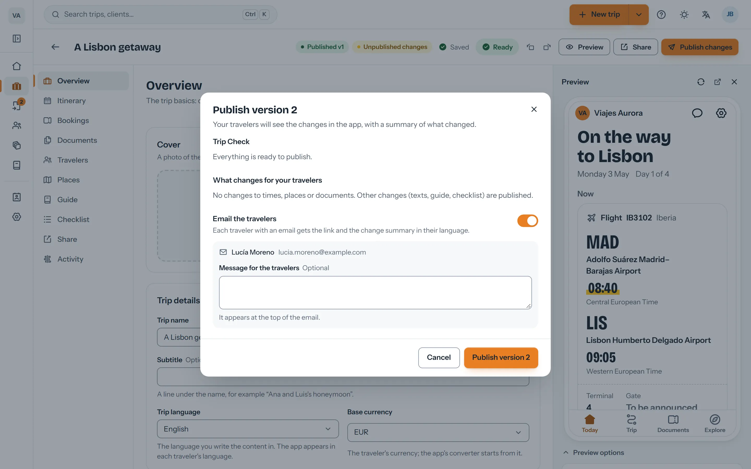 Publish dialog with the trip check and the summary of changes