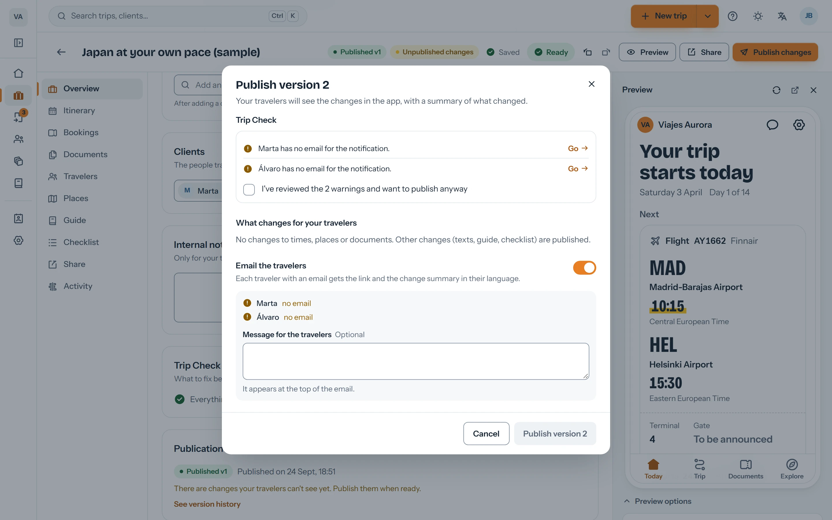 Publish dialog with the trip check and the summary of changes