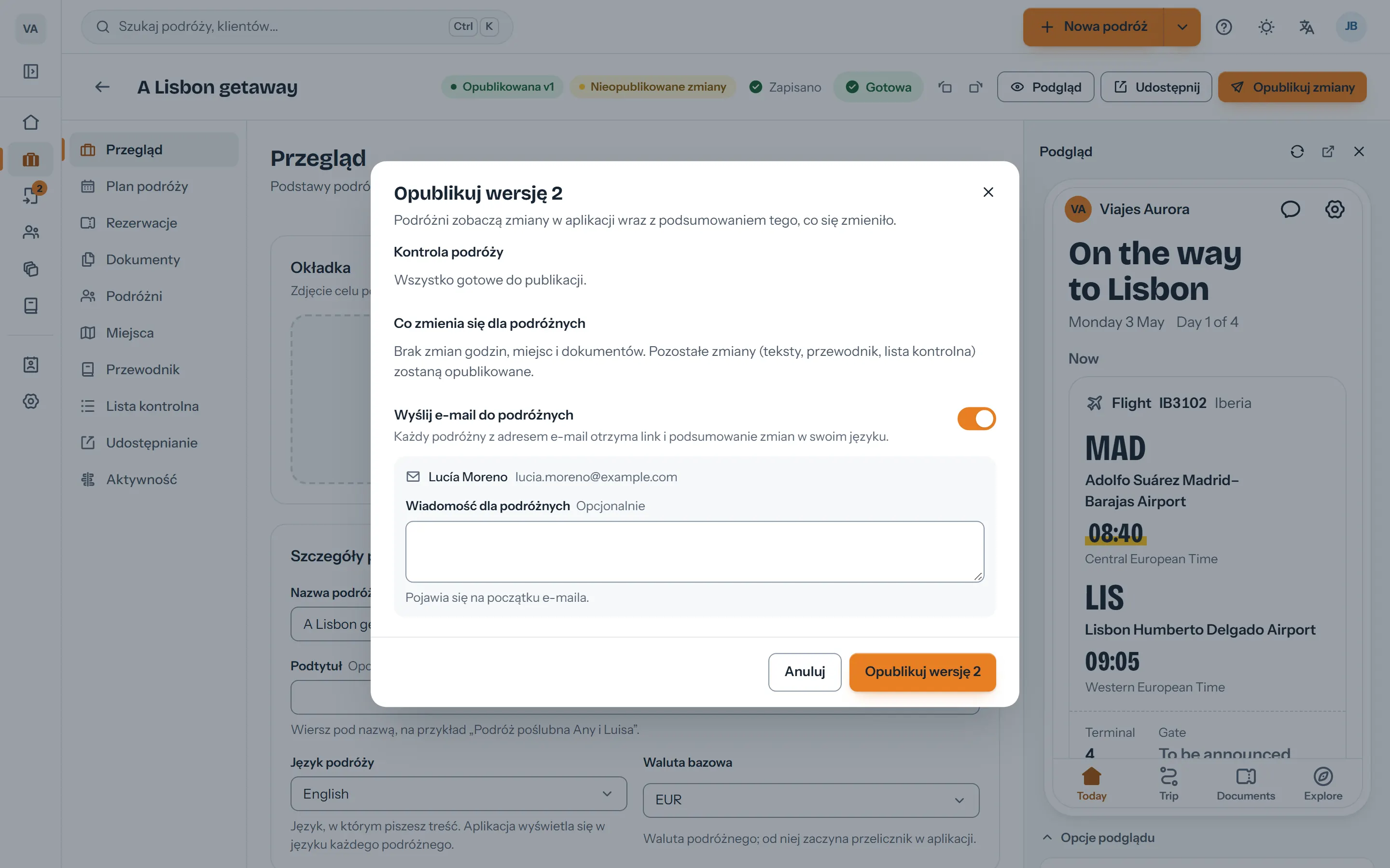 Okno publikacji z kontrolą podróży i podsumowaniem zmian