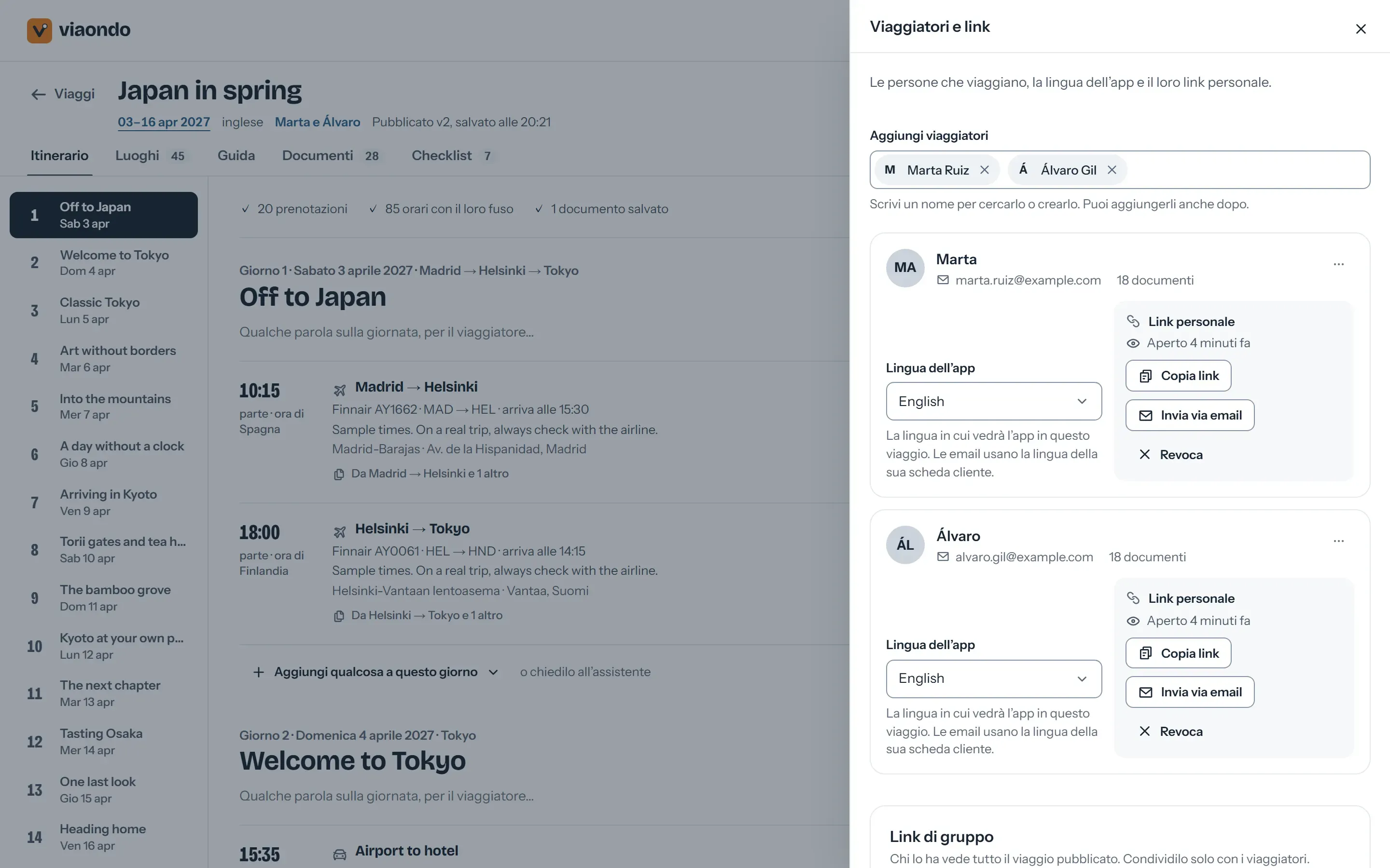 Pannello di condivisione nel pannello di Viaondo con il link di gruppo e i link personali per ogni viaggiatore