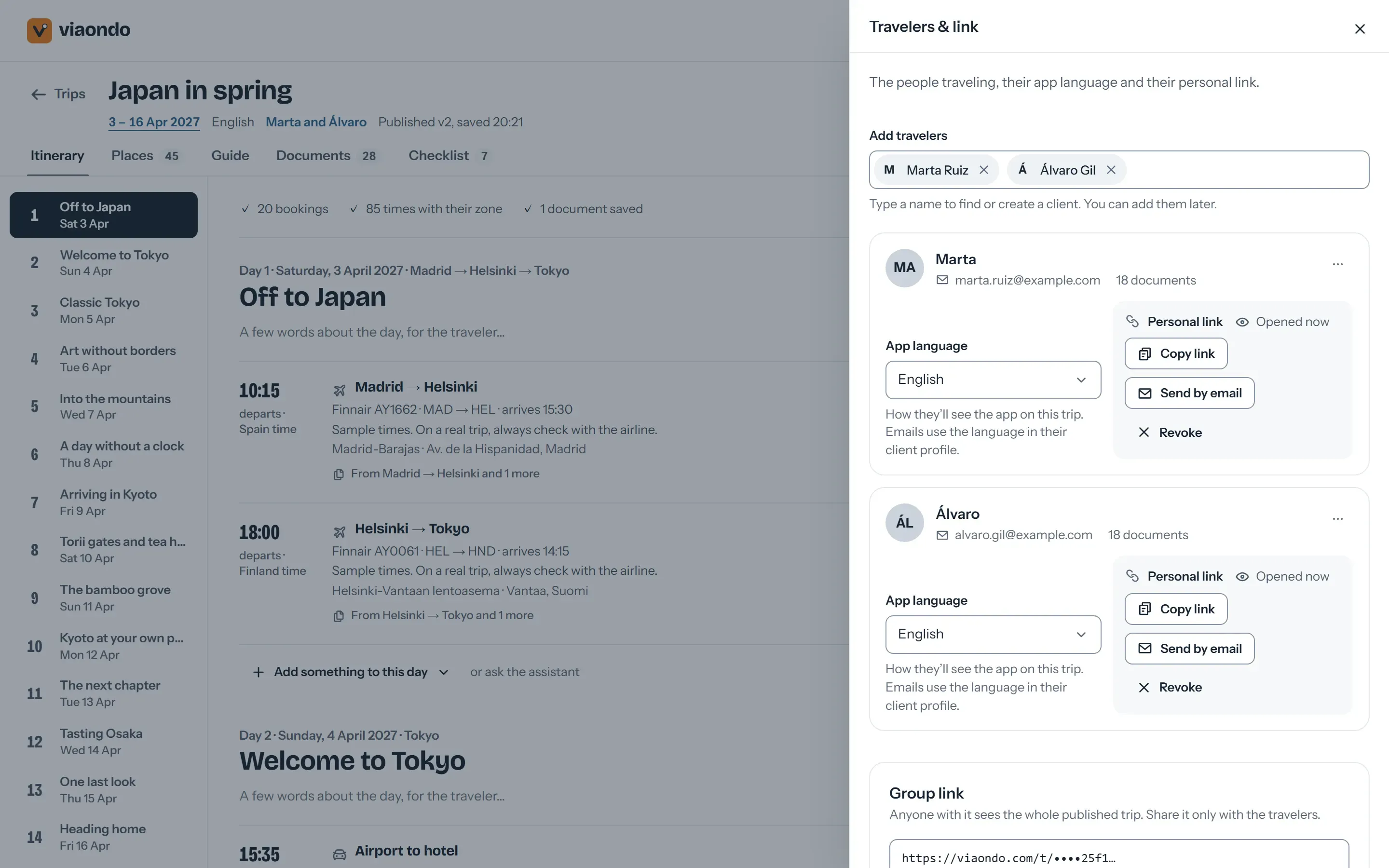 Share panel in the Viaondo dashboard with the group link and personal links for each traveler