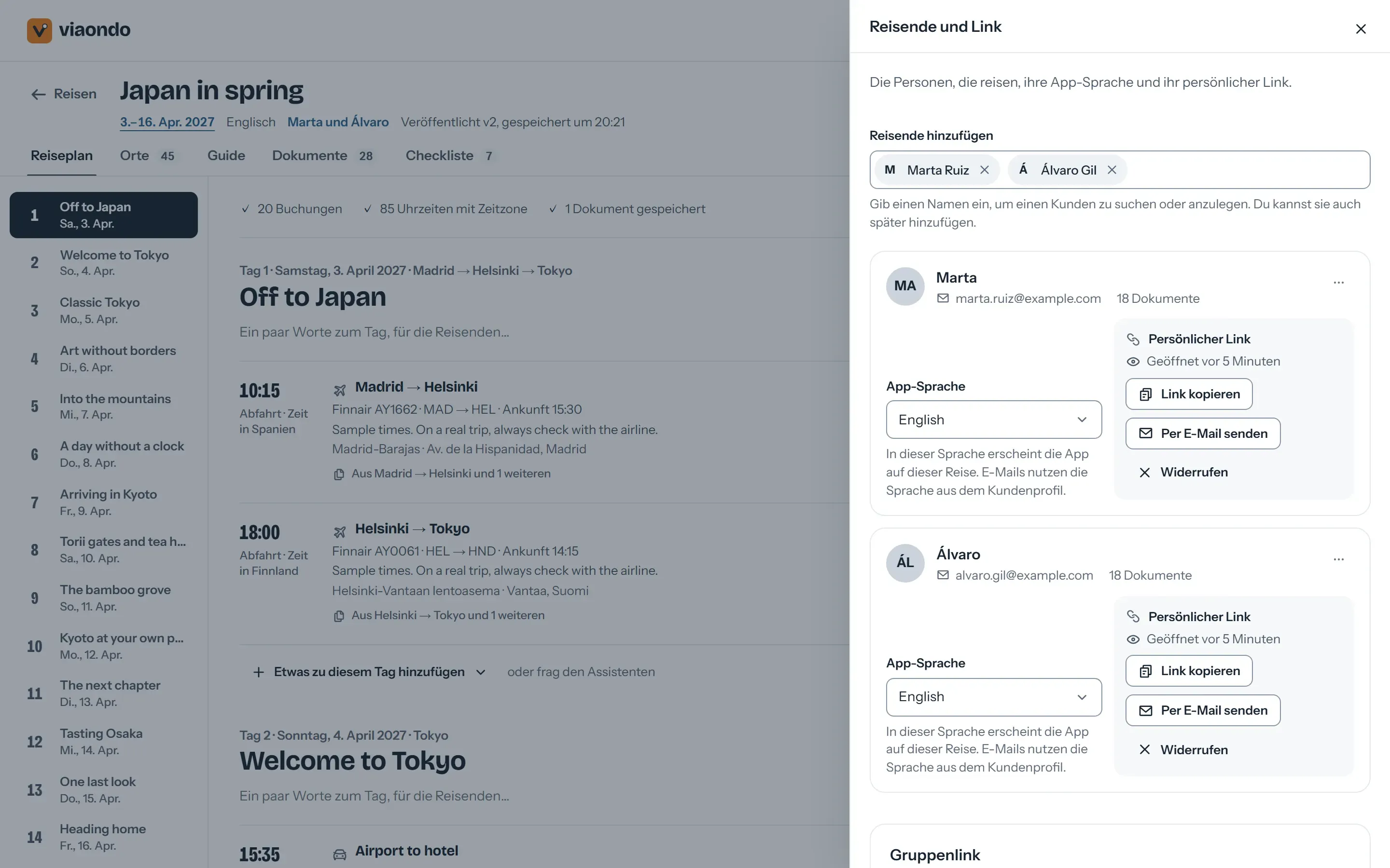 Teilen-Bereich im Viaondo-Dashboard mit dem Gruppenlink und persönlichen Links für jeden Reisenden