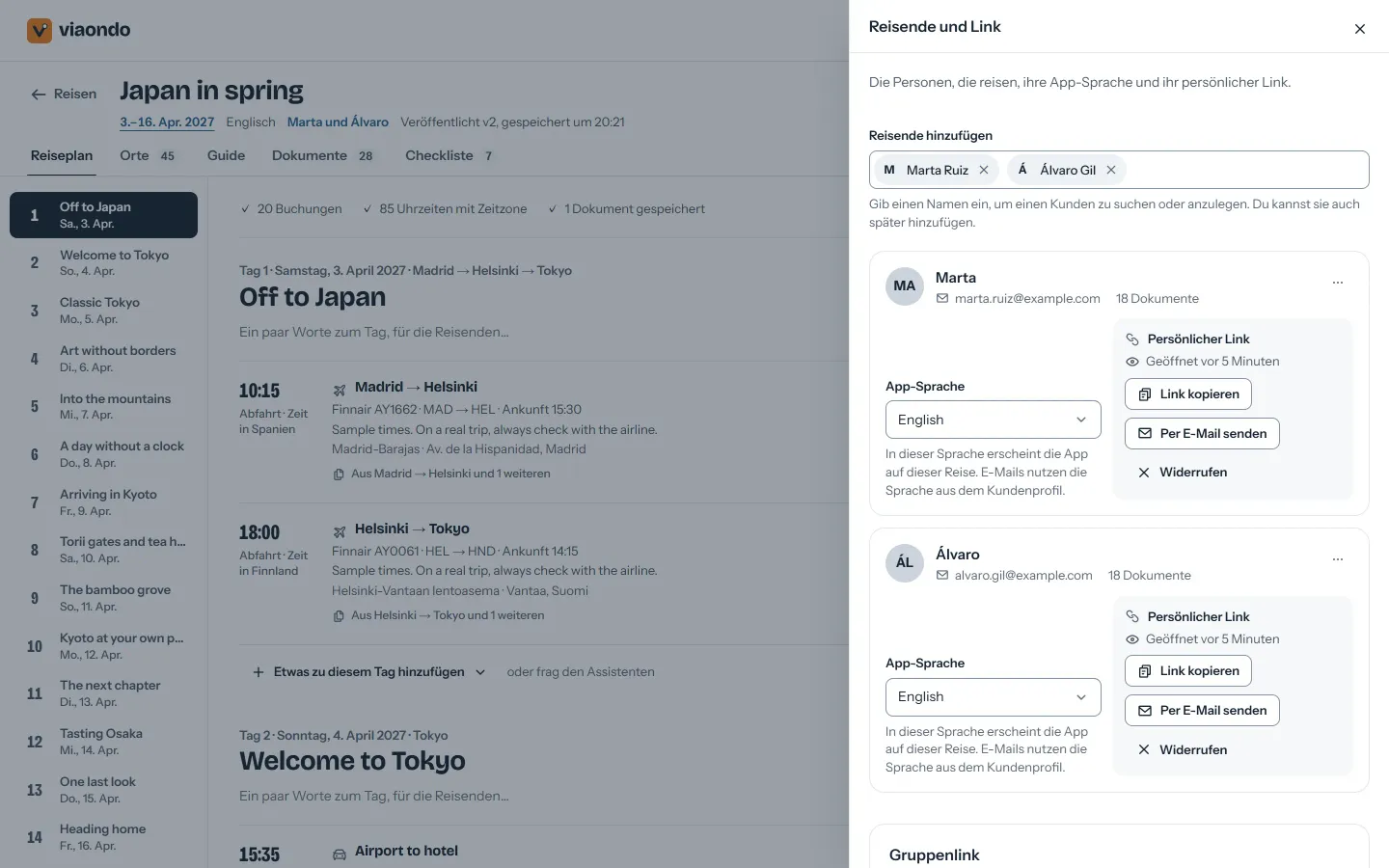 Teilen-Bildschirm mit dem Gruppenlink und den persönlichen Links