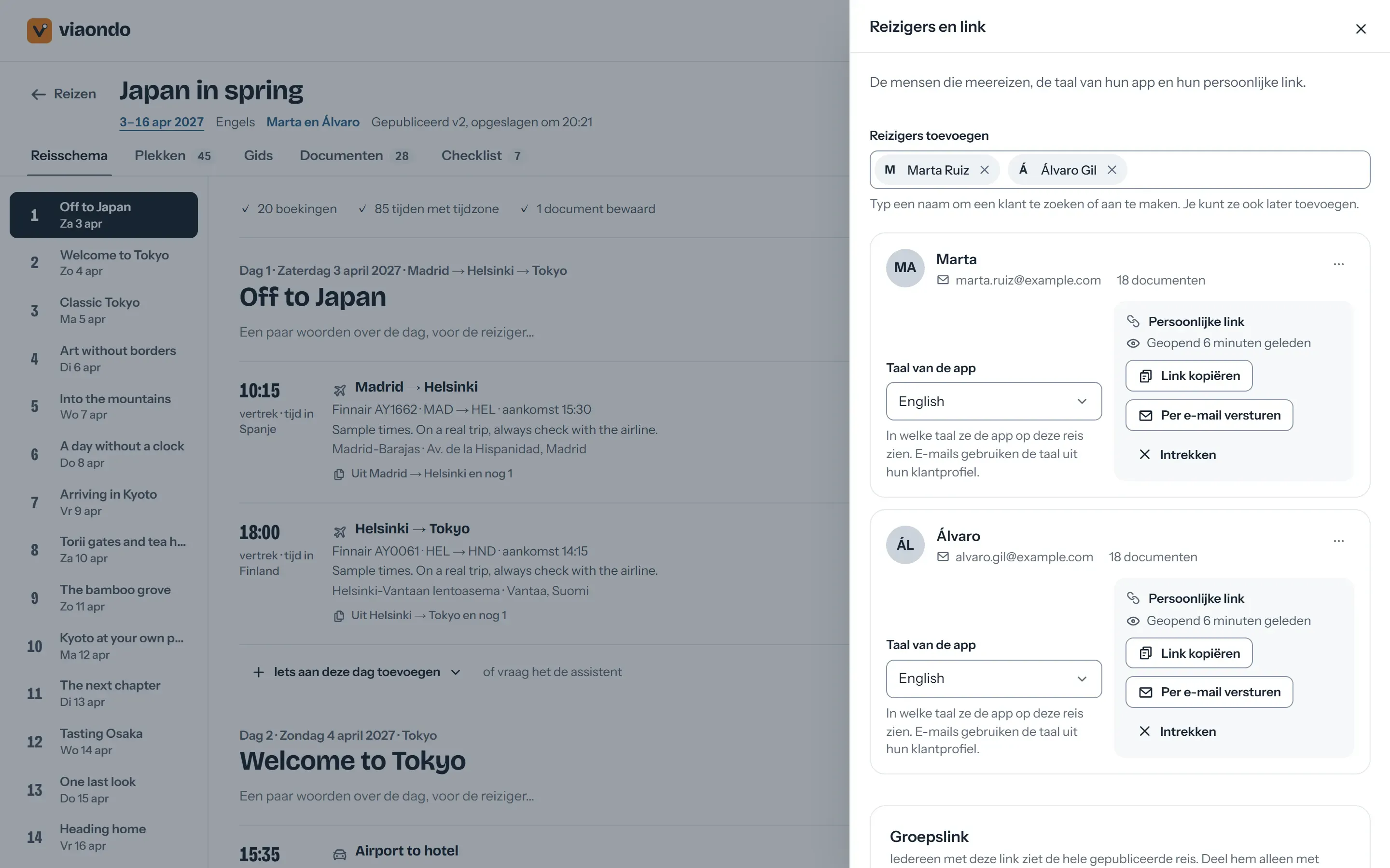 Deelpaneel in het dashboard van Viaondo met de groepslink en persoonlijke links voor elke reiziger