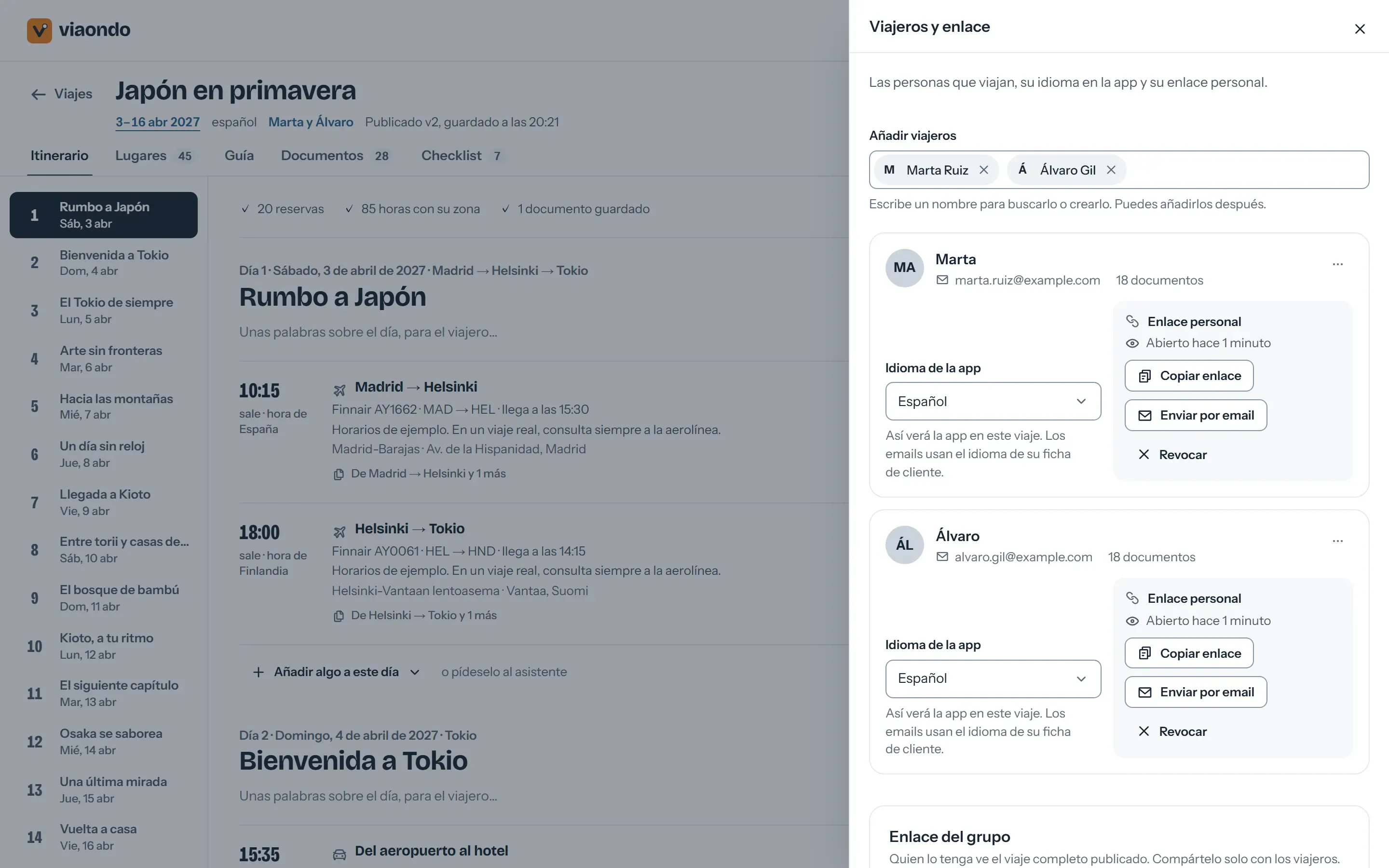 Panel Compartir con el enlace privado de grupo del viaje y un enlace personal para cada viajero