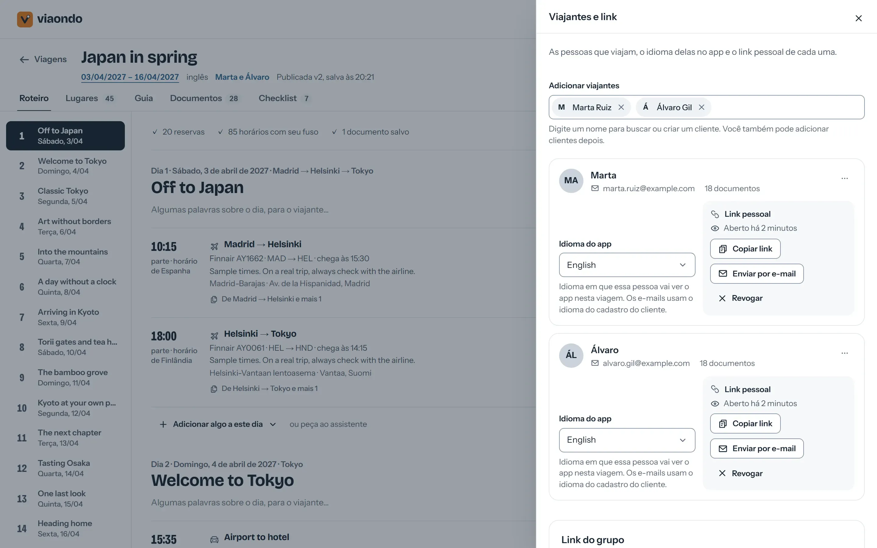 Painel Compartilhar com o link privado do grupo e um link pessoal para cada viajante