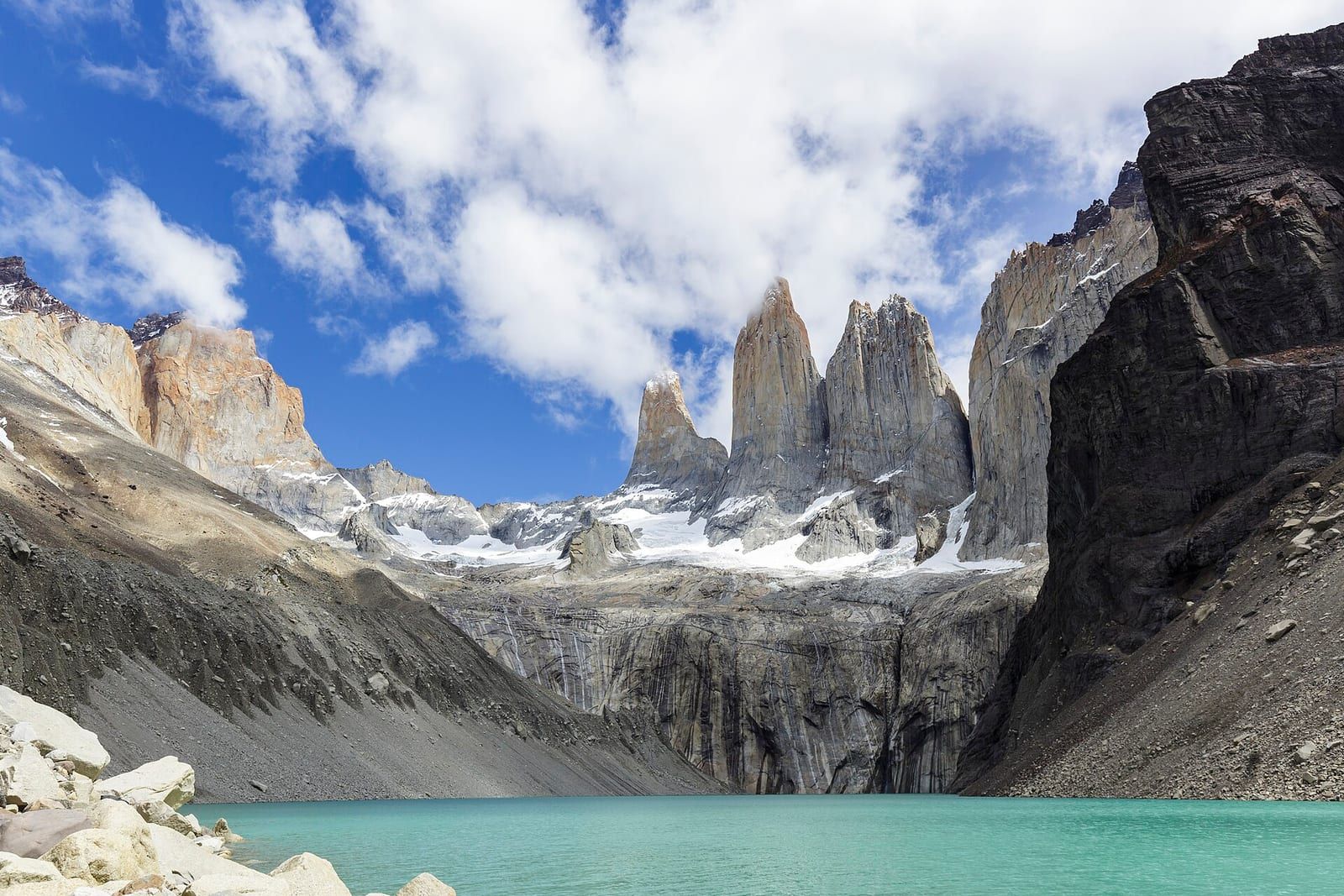 The Towers of Paine above their lagoon, in Chilean Patagonia